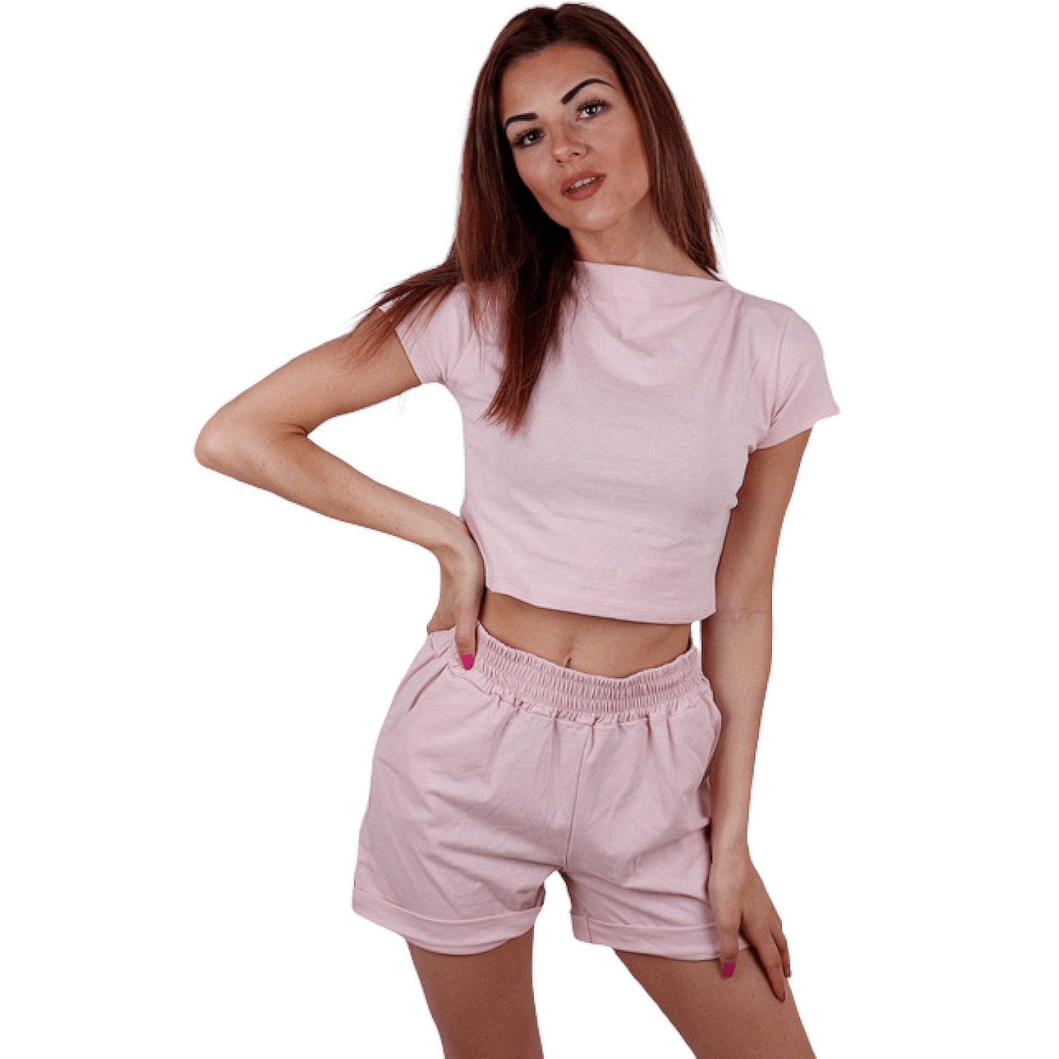 Дамски сет от тениска и къси панталонки Розов