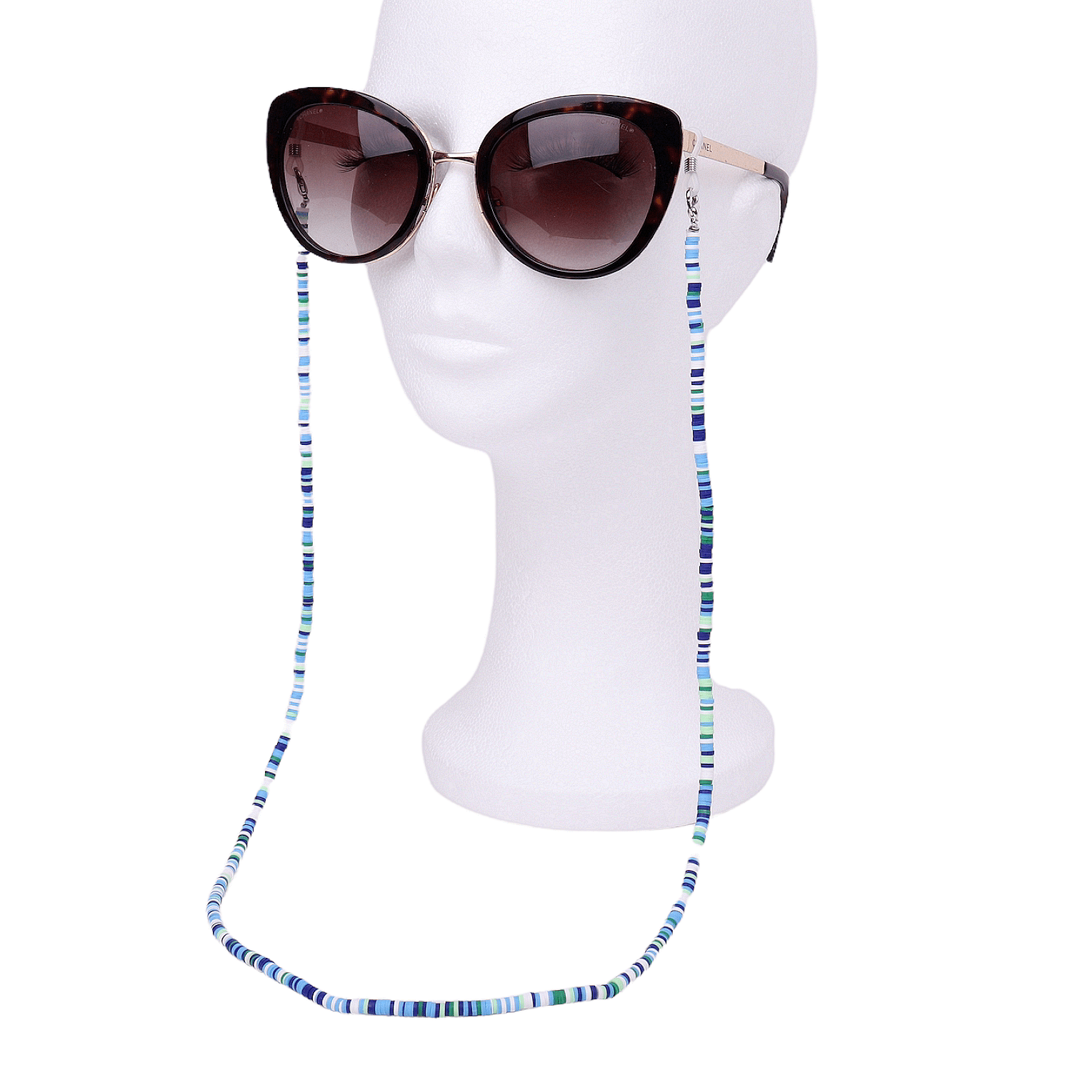 Многоцветна верижка за очила от полимерна глина със син акцент