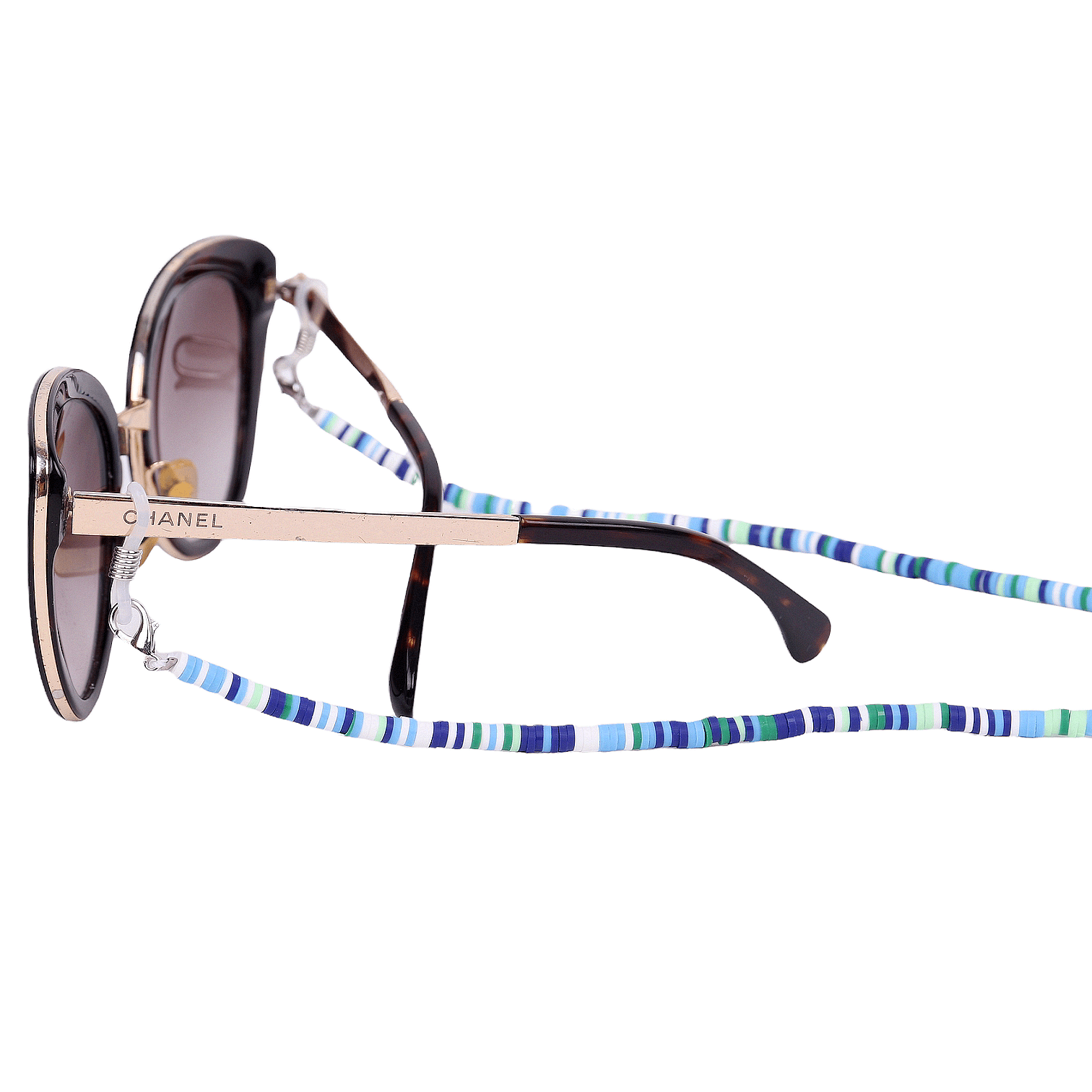 Многоцветна верижка за очила от полимерна глина със син акцент