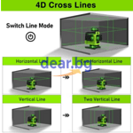 Лазерен нивелир 4D с 16 линии (четири точков) самонивилиращ се, със зелен лазер