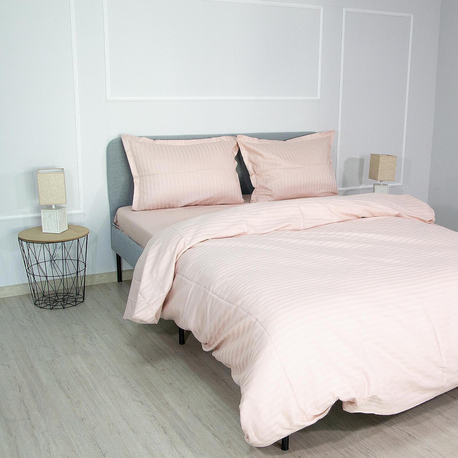 Двоен спален комплект с един плик Памук-сатен Райе Бледо розов 100% памук