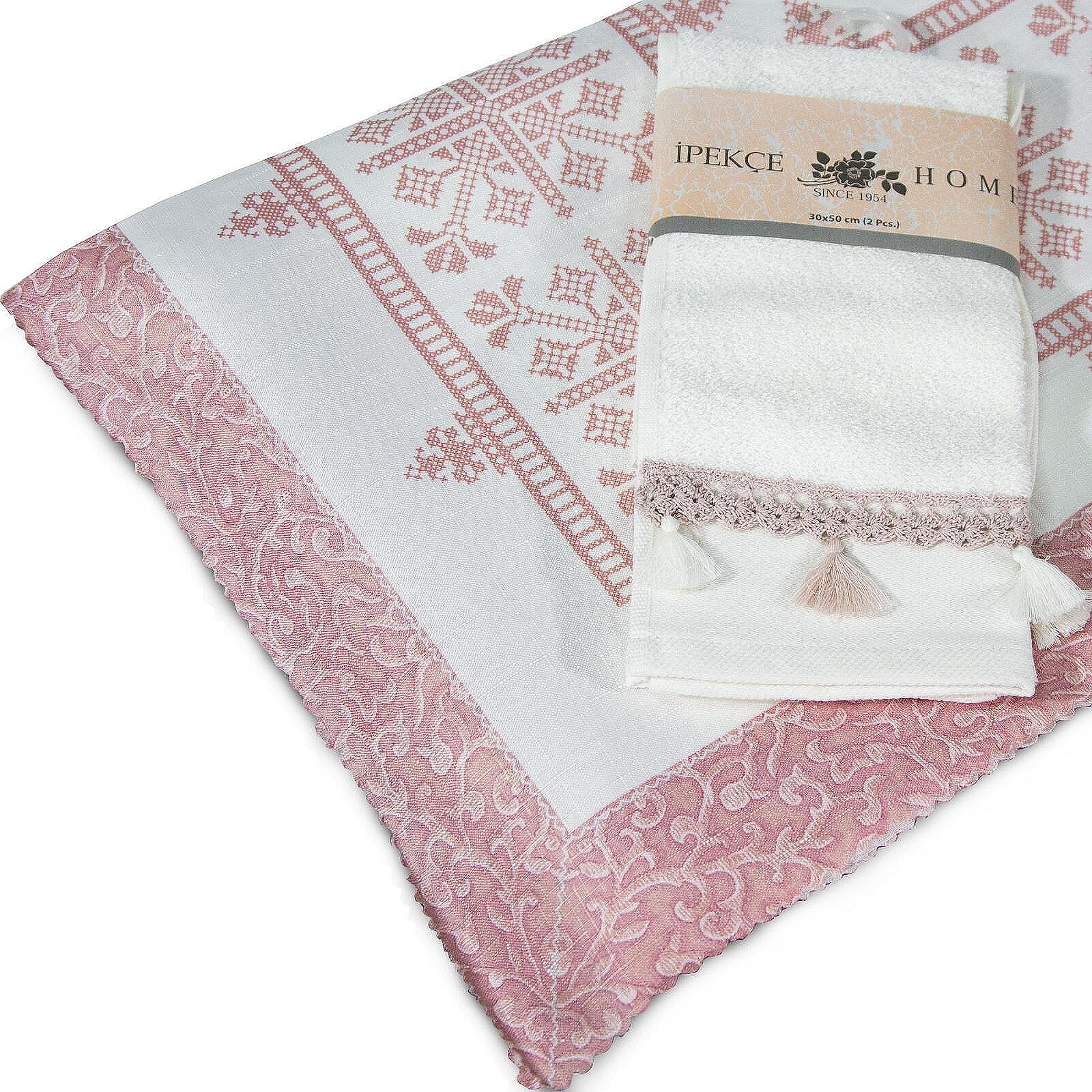 Покривка за маса 160/220 см бяло и розово в комплект с 2бр. хавлиени кърпи 30х50 см