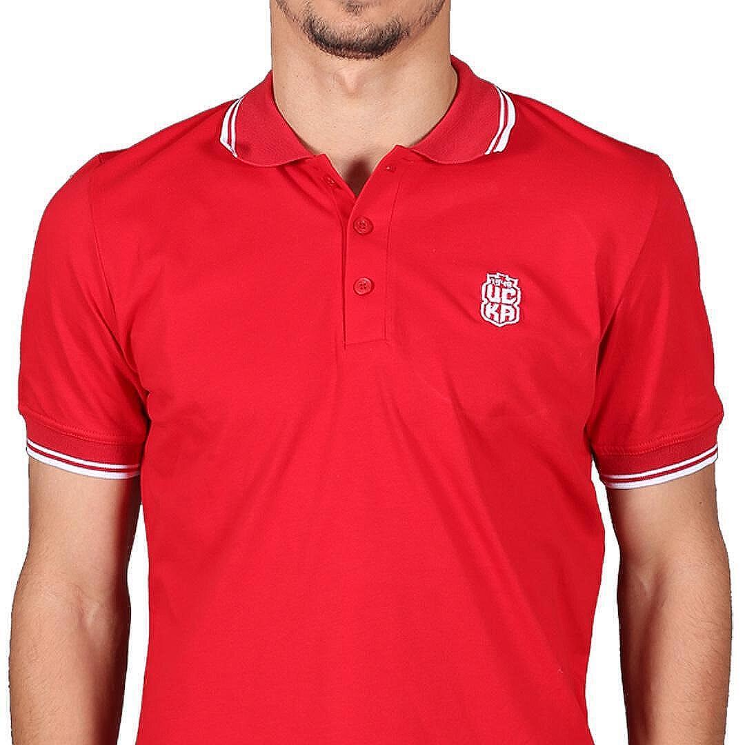 Red polo shirt with embroidered logo