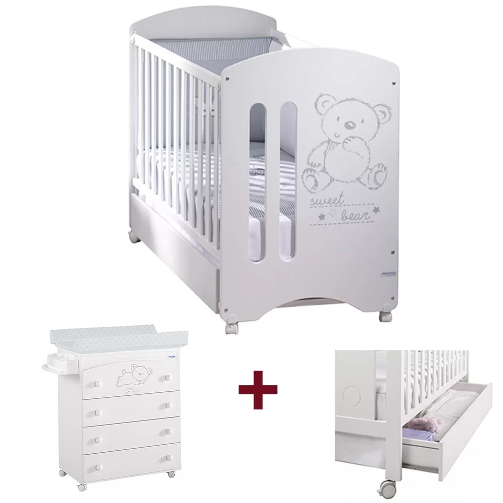 MICUNA Комплект Детско легло-кошара Sweet Bear 60/120 см + Скрин с четири чекмеджета, вана и повивалник + Чекмедже за легло MC.0901.001