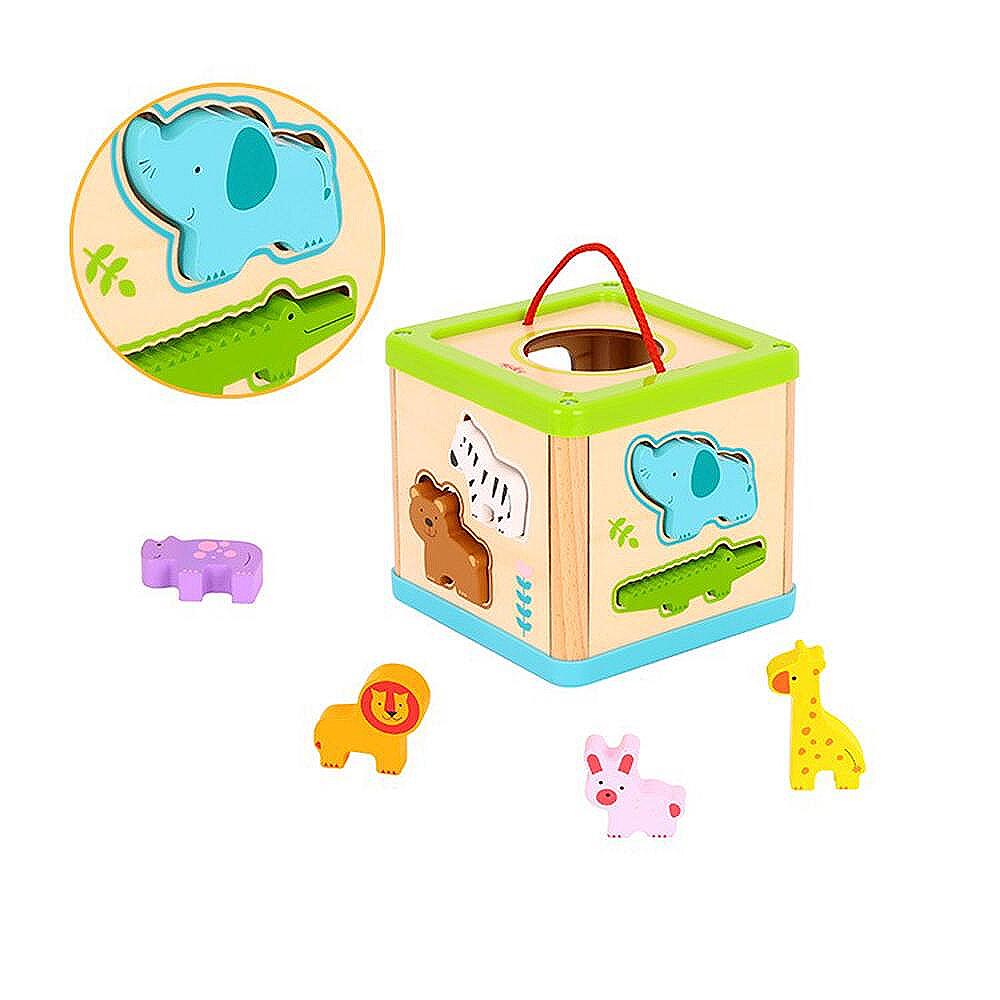 Tooky Toy Дидактически дървен куб, Сортер с животни TL642
