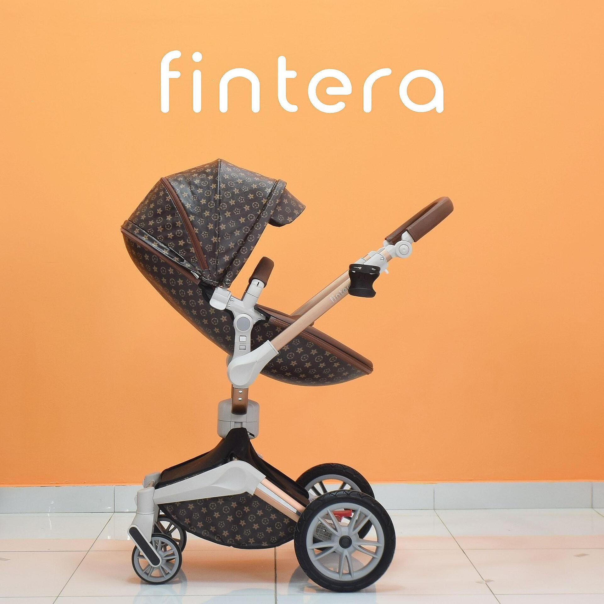 Бебешка количка Fintera Sport, модел 2 в 1, 360 градуса на въртене, тъмно кафяв цвят със звезди + Подарък чанта, дъждобран и комарник