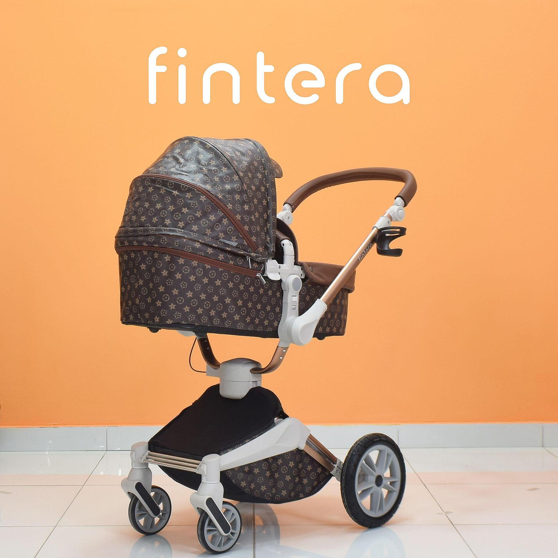 Бебешка количка Fintera Sport, модел 2 в 1, 360 градуса на въртене, тъмно кафяв цвят със звезди + Подарък чанта, дъждобран и комарник