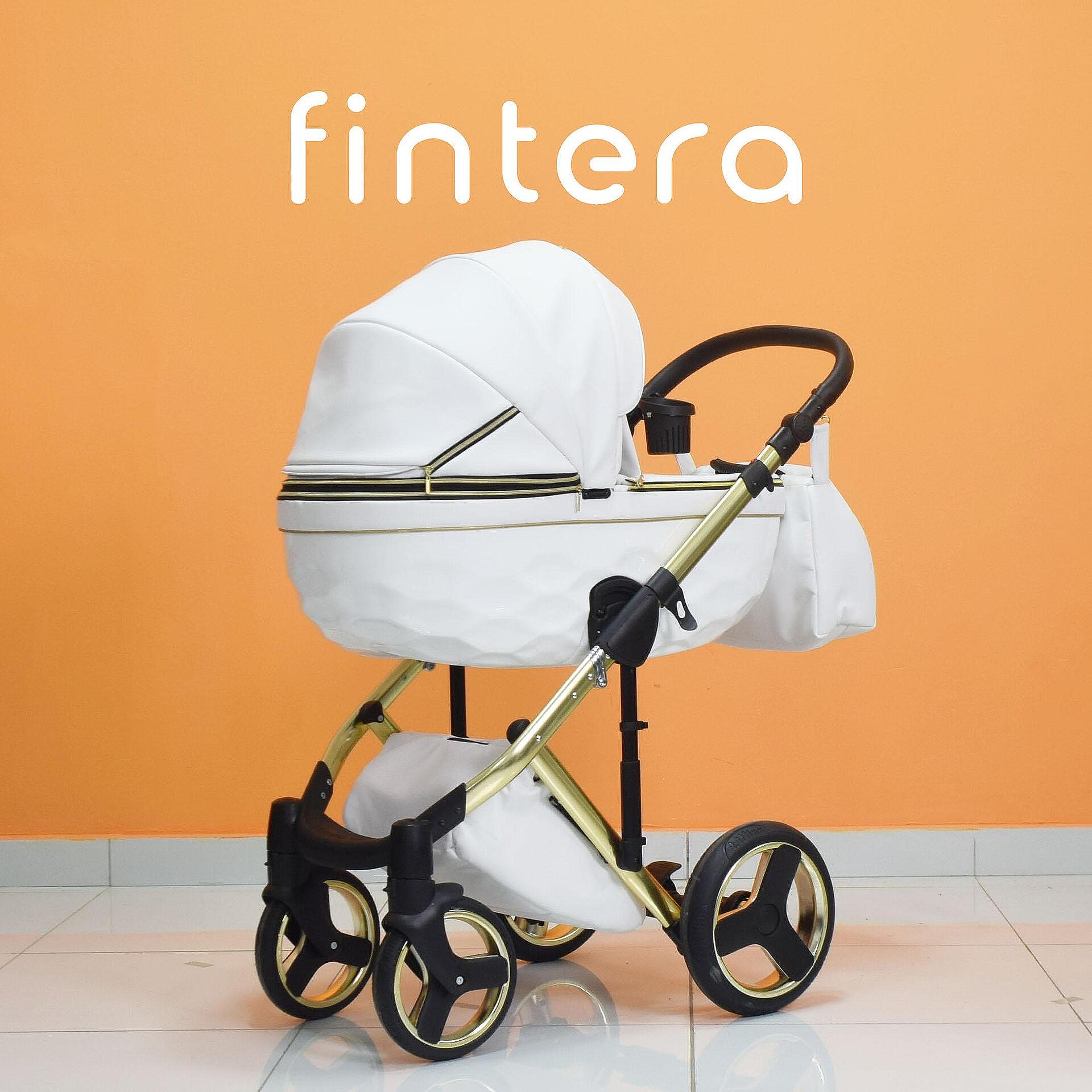Бебешка количка Fintera Grand, Модел 2 в 1, Еко кожа,  Бял цвят + Чанта, Дъждобран, Комарник, Зимни ръкавици, Поставка за чаша, Постелка за преповиване