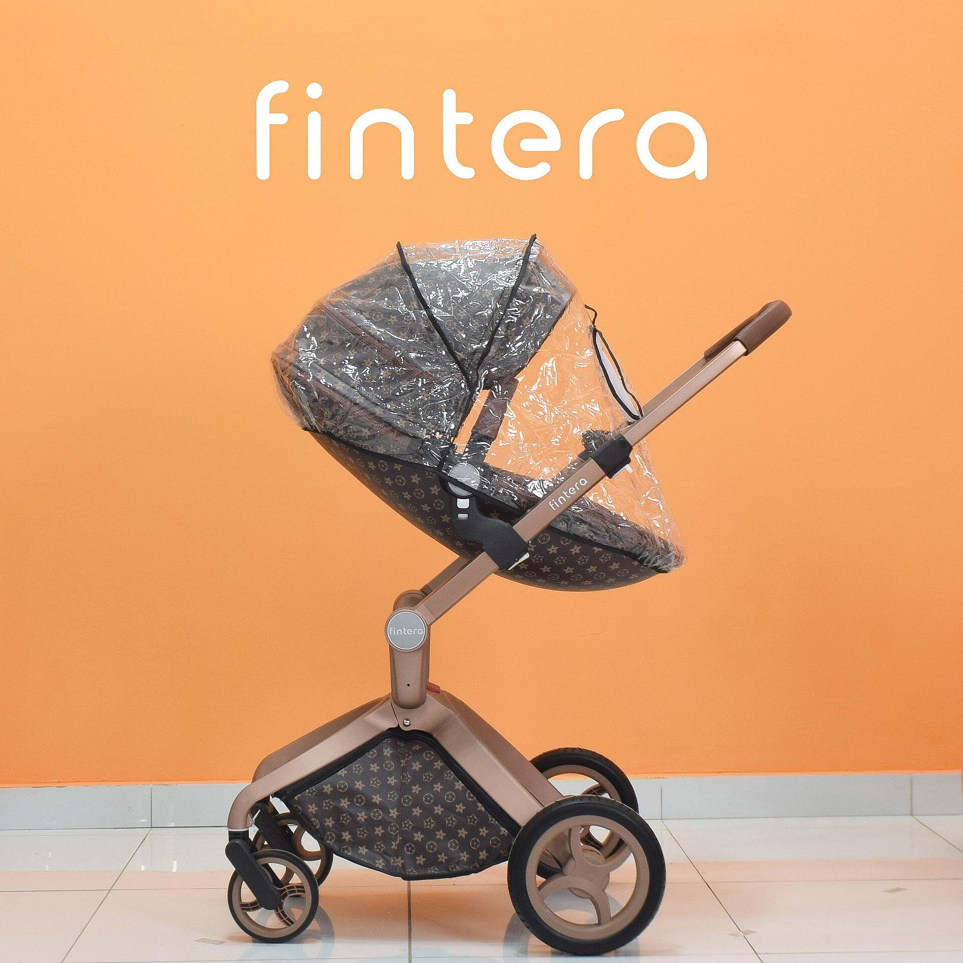 Бебешка количка Fintera Deluxe, Модел 3 в 1, Еко кожа в цвят тъмно кафяв със звезди + Подарък чанта, дъждобран и комарник