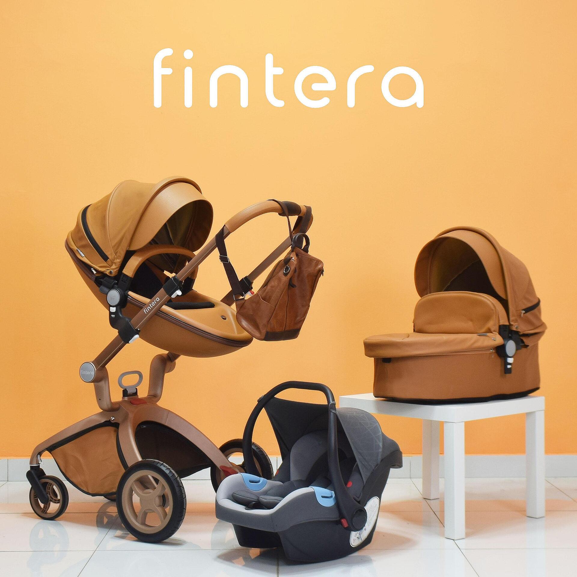 Бебешка количка Fintera Deluxe, Модел 3 в 1, Еко кожа в кафяв цвят + Подарък чанта, дъждобран и комарник