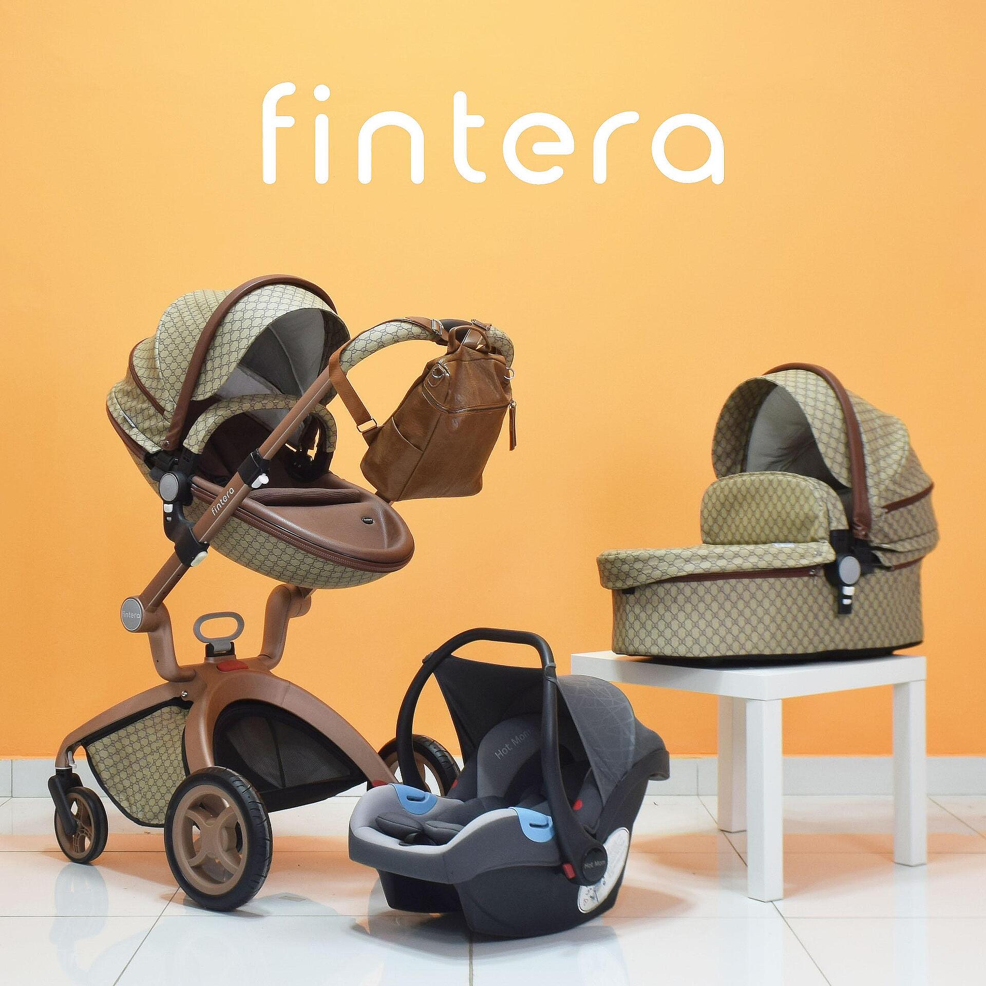 Бебешка количка Fintera Deluxe, Модел 3 в 1, Еко кожа цвят шампанско + Подарък чанта, дъждобран и комарник