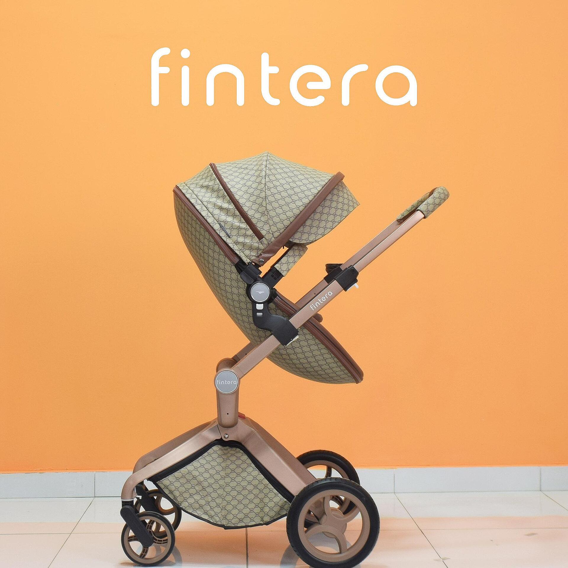 Бебешка количка Fintera Deluxe, Модел 3 в 1, Еко кожа в цвят шампанско + Подарък чанта, дъждобран и комарник