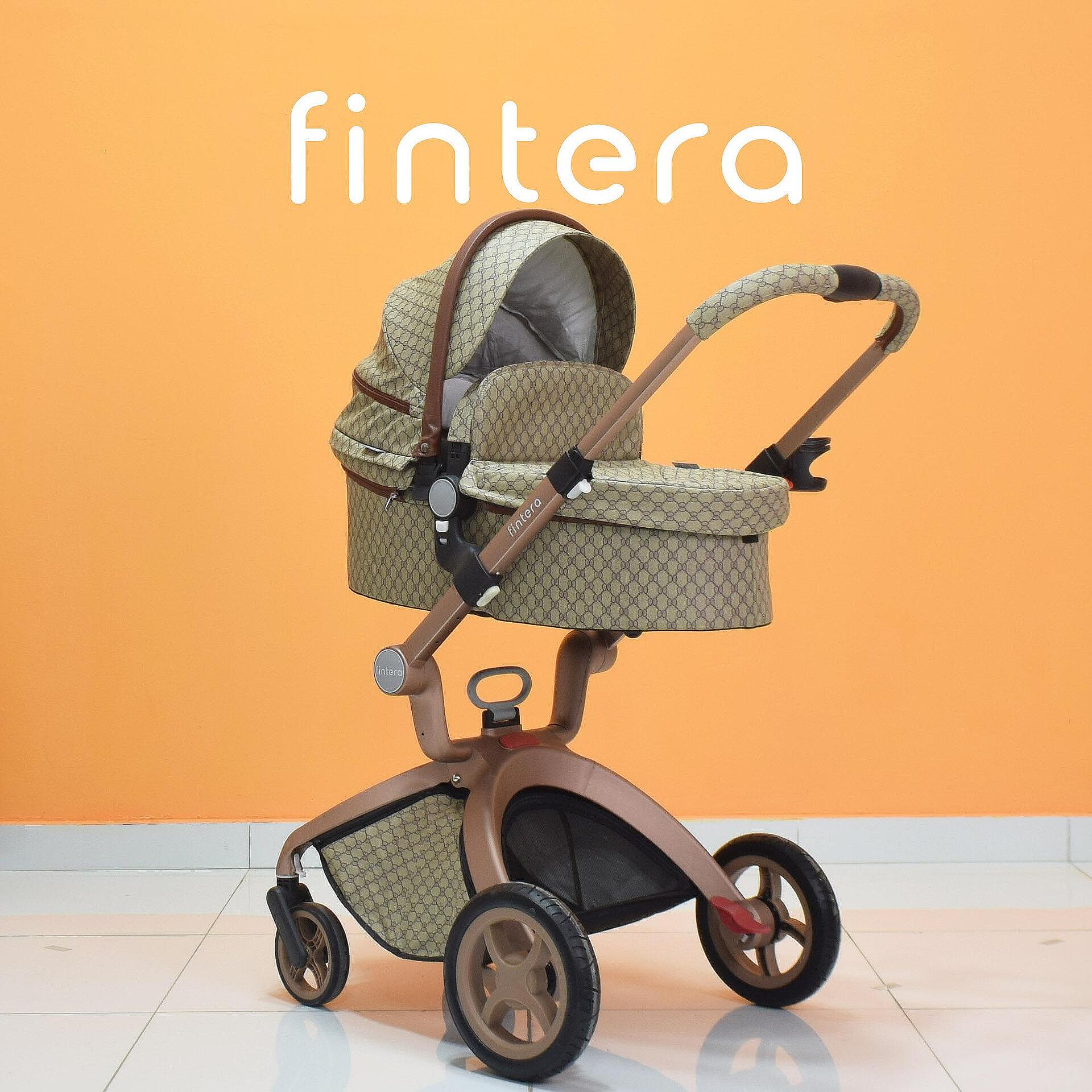 Бебешка количка Fintera Deluxe, Модел 3 в 1, Еко кожа в цвят шампанско + Подарък чанта, дъждобран и комарник