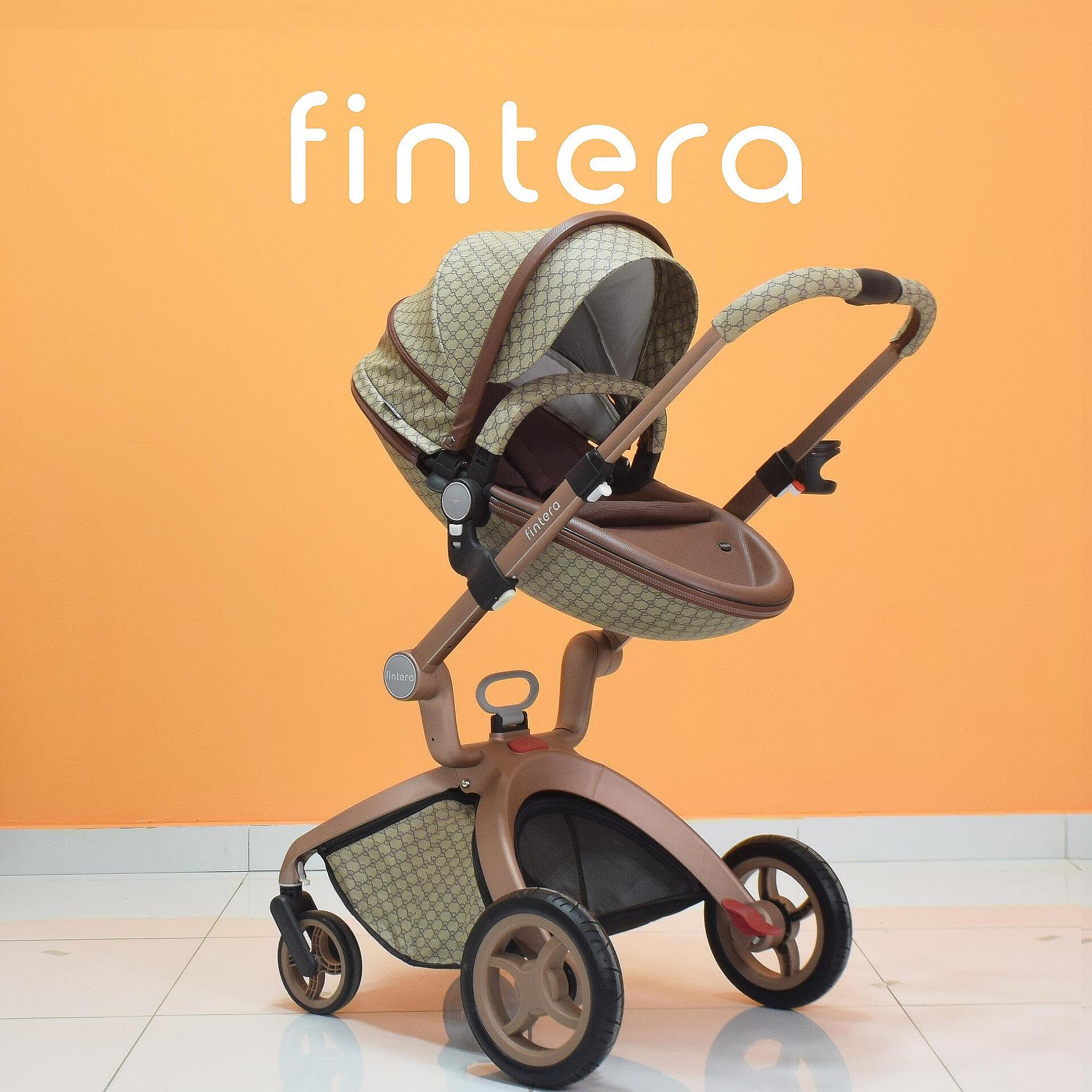 Бебешка количка Fintera Deluxe, Модел 4 в 1, Еко кожа в цвят шампанско + Подарък чанта, дъждобран, комарник, поставка за чаша