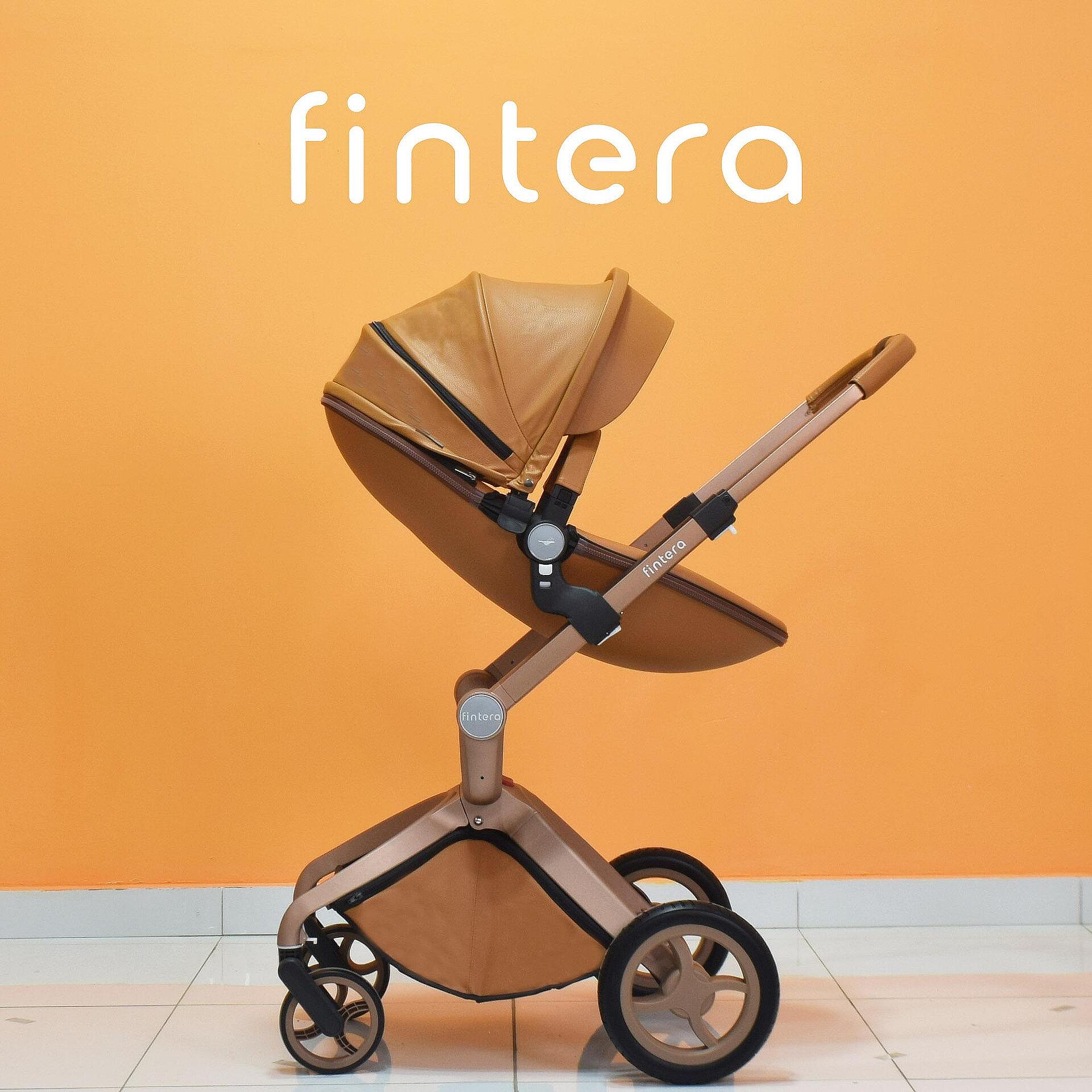 Бебешка количка Fintera Deluxe, модел 4 в 1, Еко кожа в кафяв цвят + Подарък чанта, дъждобран, комарник, поставка за чаша