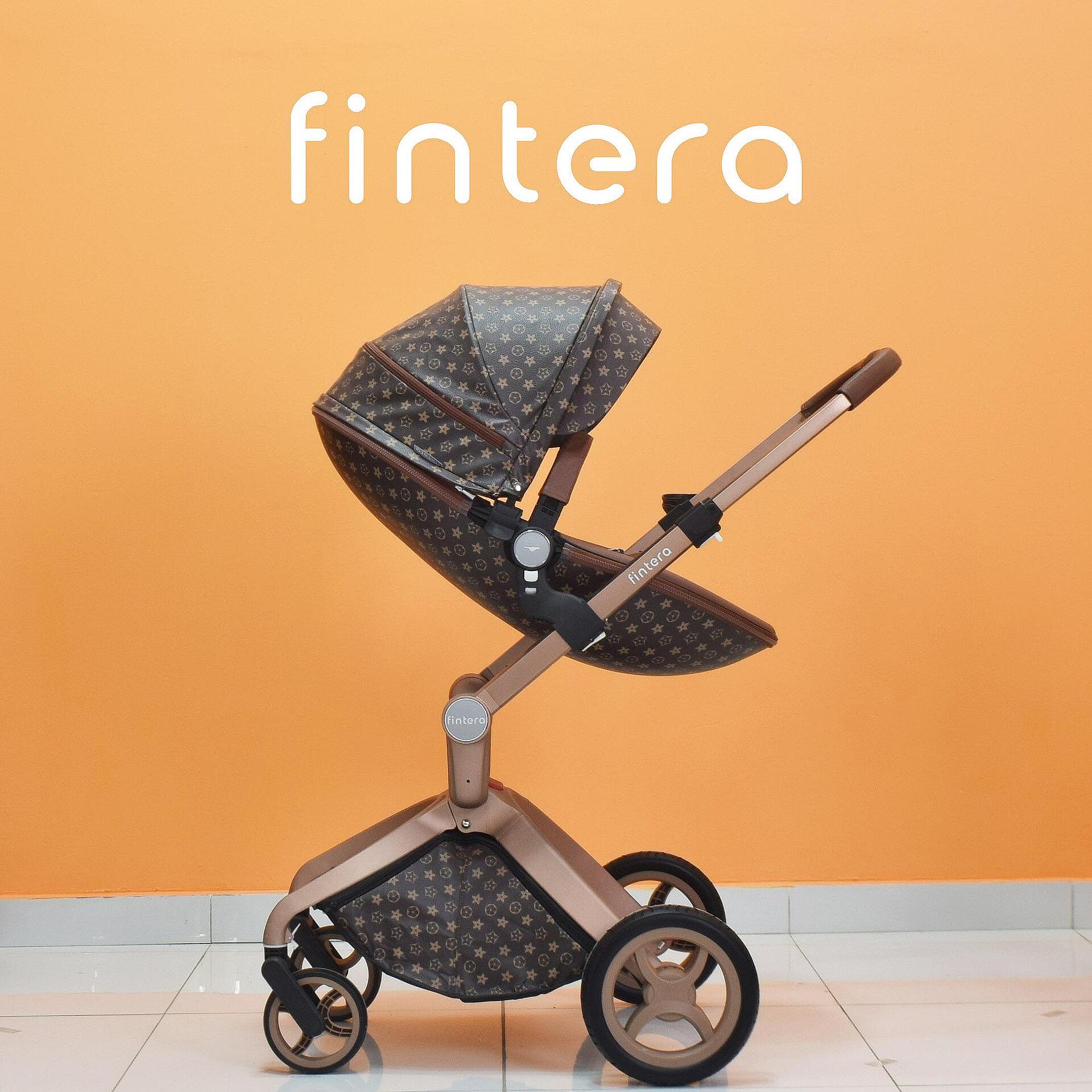 Бебешка количка Fintera Deluxe, Модел 4 в 1, Еко кожа в цвят тъмно кафяв със звезди + Подарък чанта, дъждобран, комарник, поставка за чаша