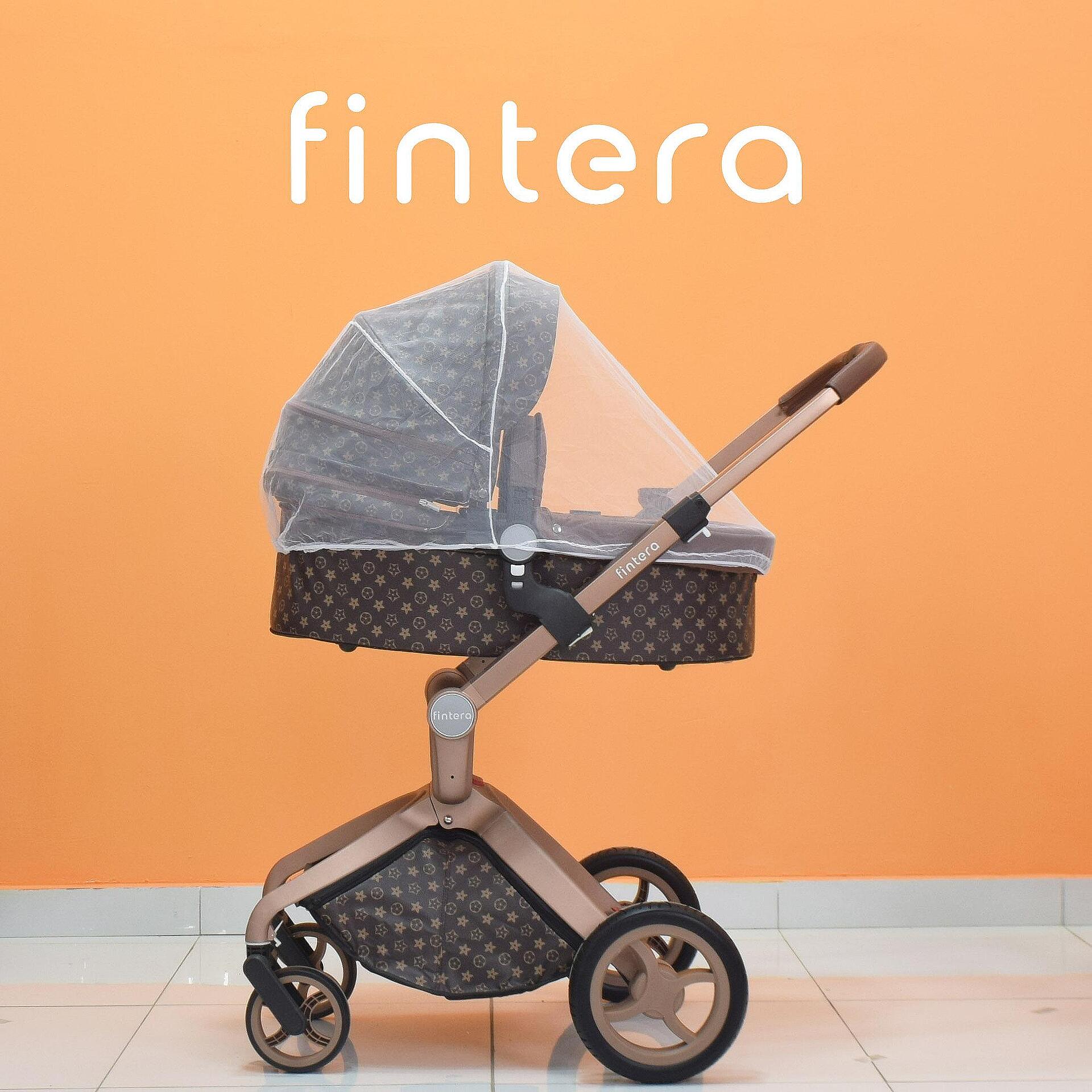 Бебешка количка Fintera Deluxe, Модел 4 в 1, Еко кожа в цвят тъмно кафяв със звезди + Подарък чанта, дъждобран, комарник, поставка за чаша