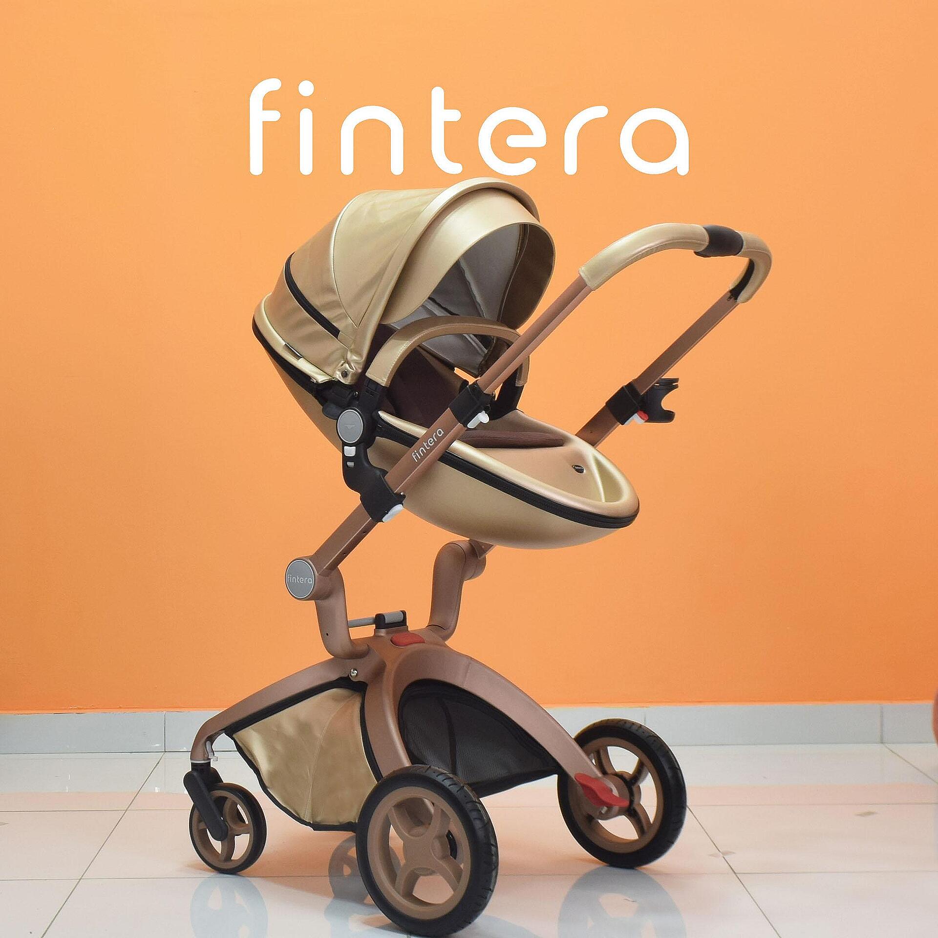 Бебешка количка Fintera Deluxe, Модел 2 в 1, Еко кожа, Златен цвят + Подарък чанта, дъждобран и комарник