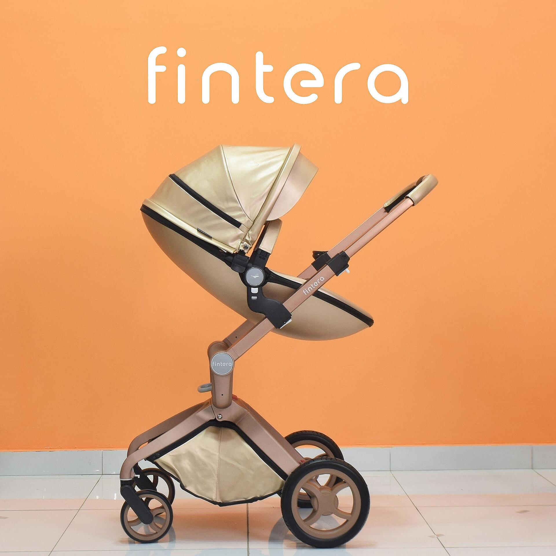 Бебешка количка Fintera Deluxe, Модел 4 в 1, Еко кожа, Златен цвят + Подарък чанта, дъждобран, комарник, поставка за чаша