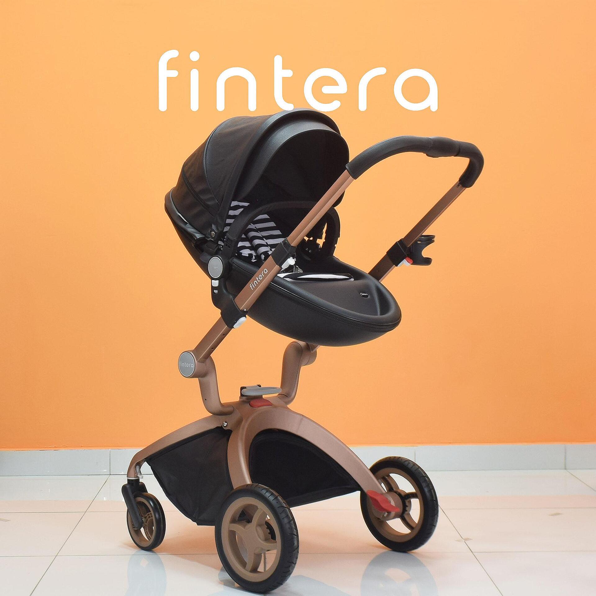 Бебешка количка Fintera Deluxe, Модел 4 в 1, Еко кожа, Черен цвят + Подарък чанта, дъждобран, комарник, поставка за чаша