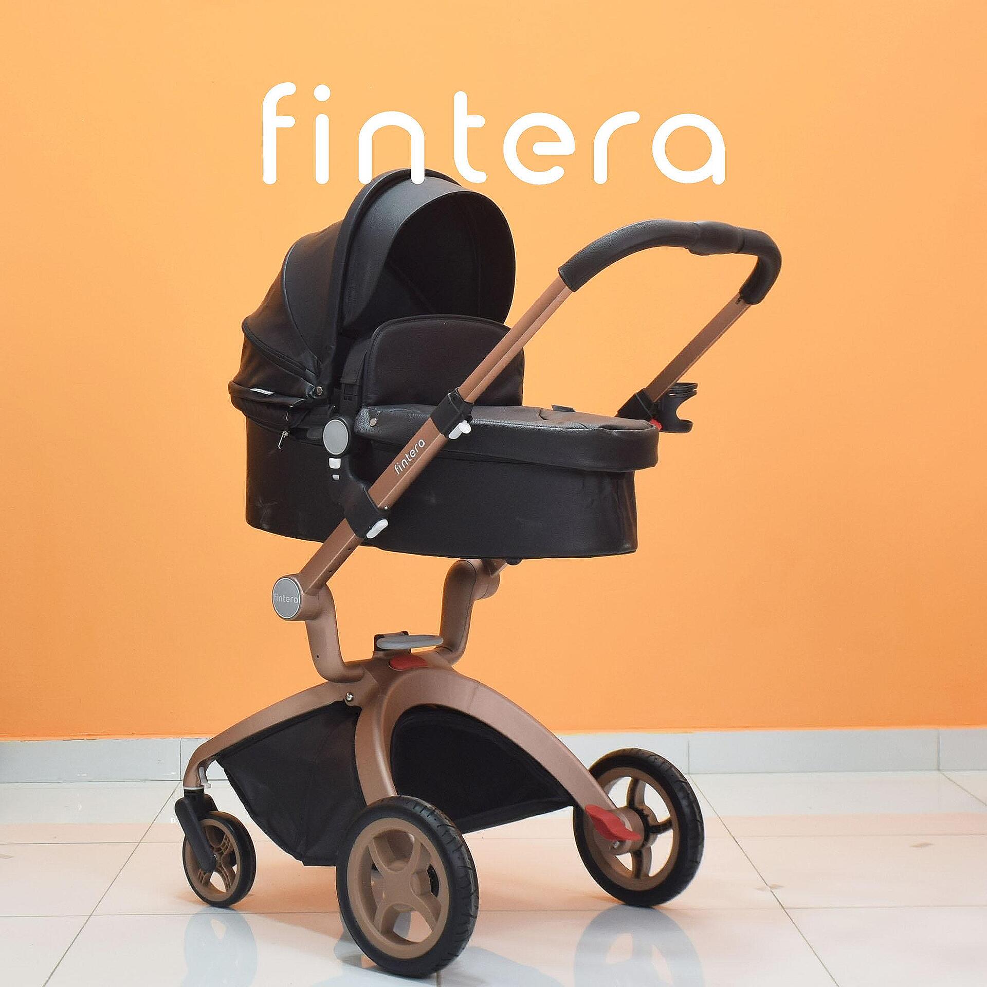 Бебешка количка Fintera Deluxe, Модел 4 в 1, Еко кожа, Черен цвят + Подарък чанта, дъждобран, комарник, поставка за чаша