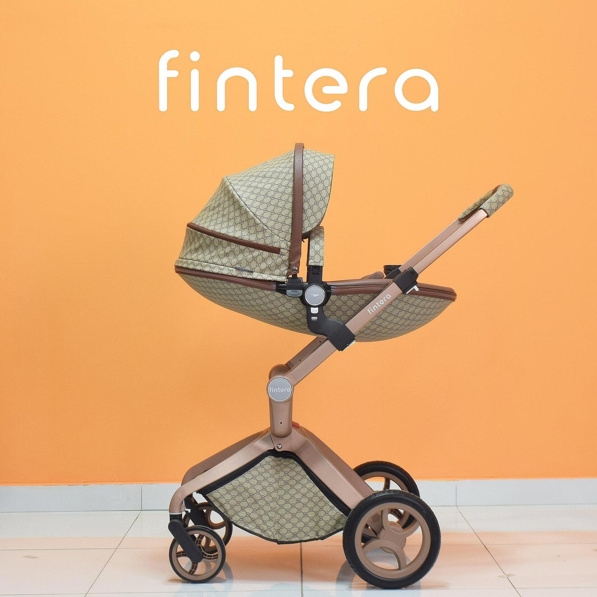 Бебешка количка Fintera Deluxe, Модел 2 в 1, Еко кожа в цвят шампанско + Подарък чанта, дъждобран и комарник
