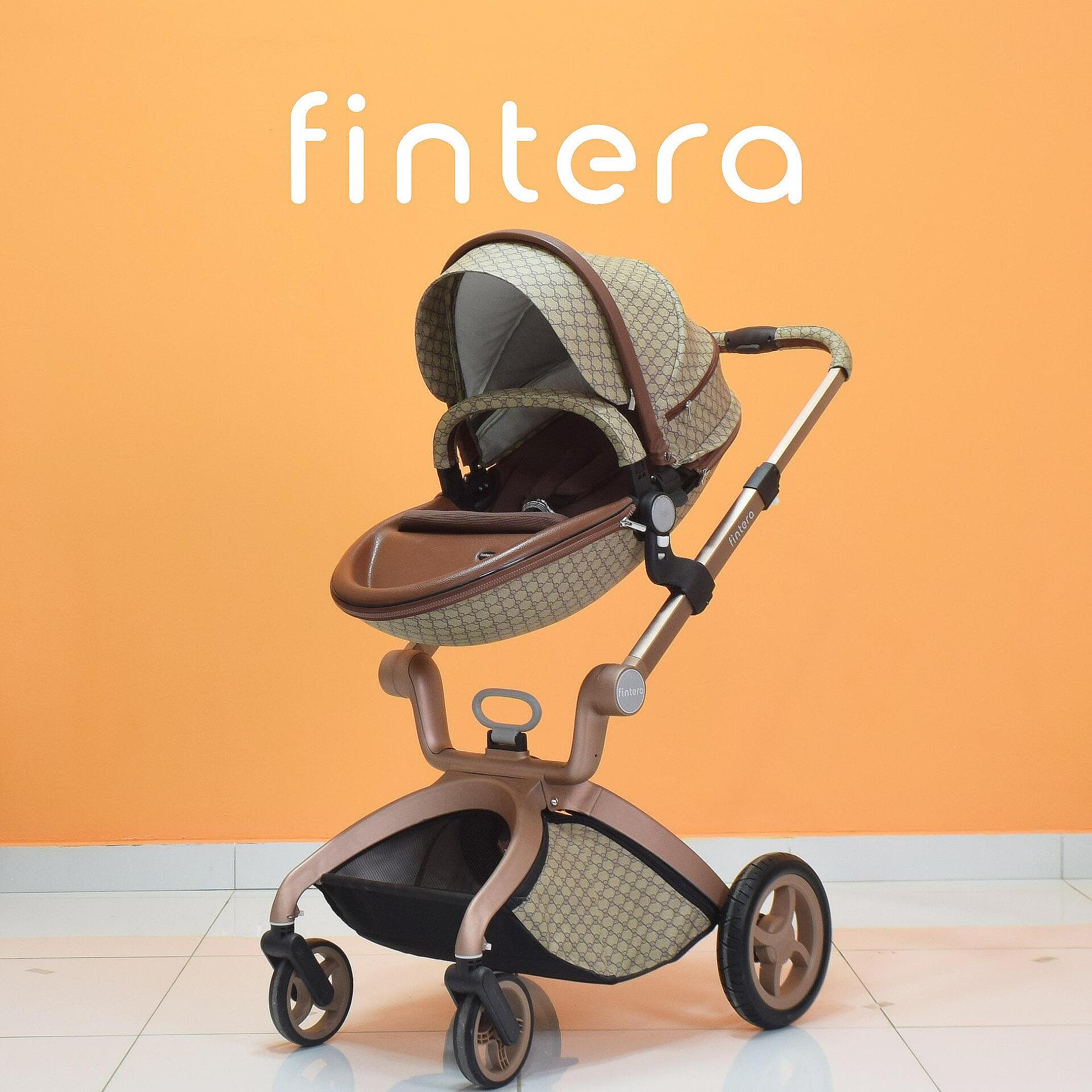 Бебешка количка Fintera Deluxe, Модел 2 в 1, Еко кожа в цвят шампанско + Подарък чанта, дъждобран и комарник