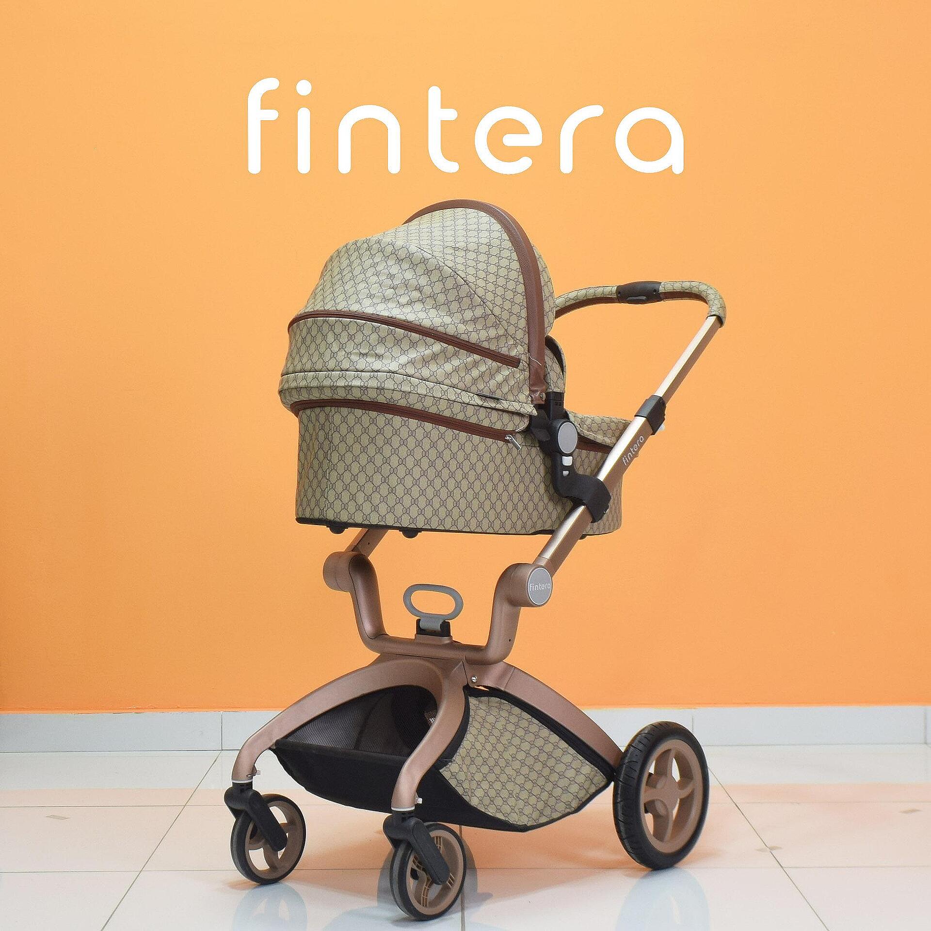 Бебешка количка Fintera Deluxe, Модел 2 в 1, Еко кожа в цвят шампанско + Подарък чанта, дъждобран и комарник