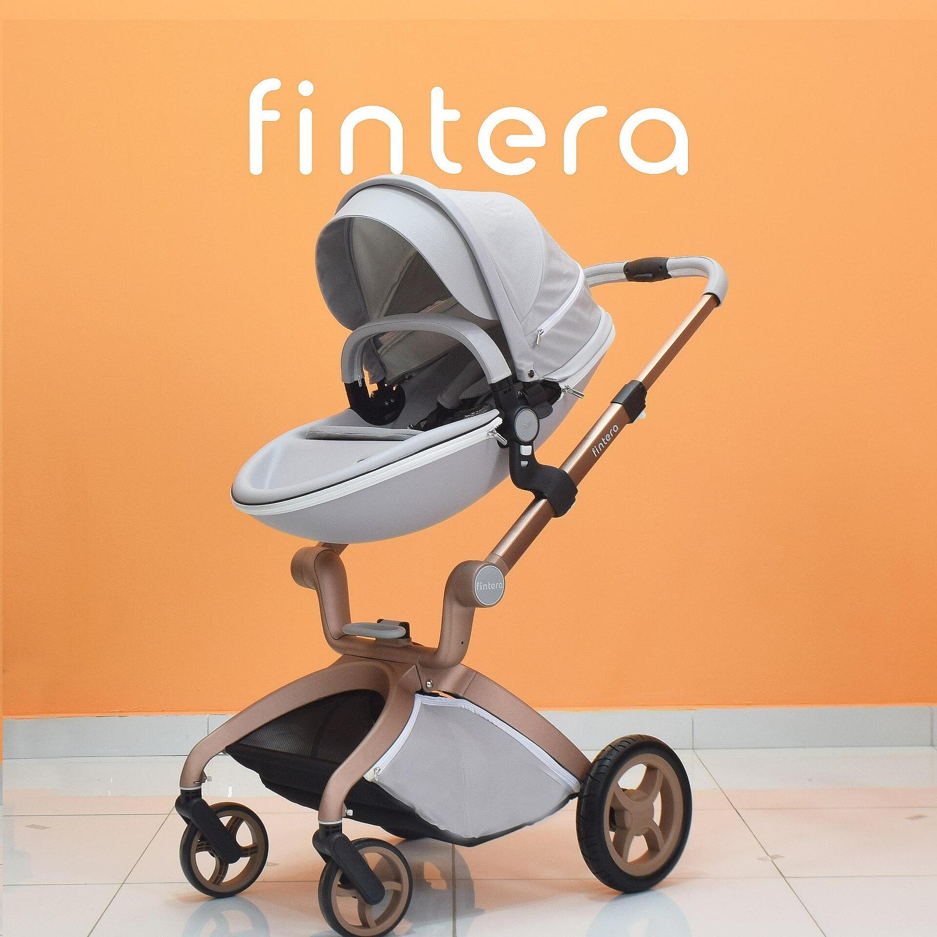 Бебешка количка Fintera Deluxe, Модел 2 в 1, Еко кожа, Сив цвят + Подарък чанта, дъждобран и комарник