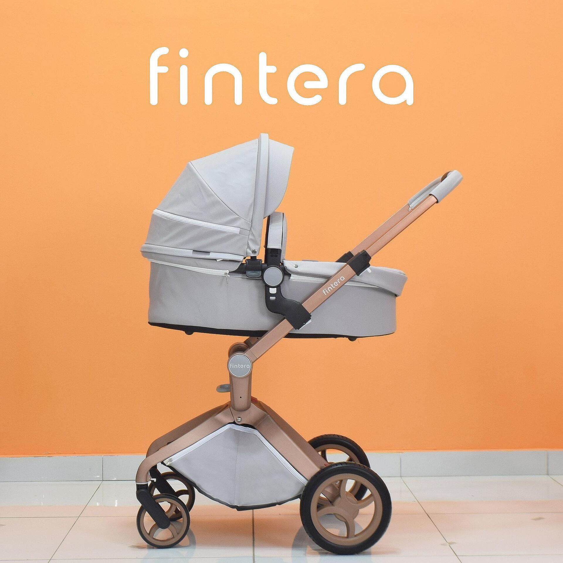 Бебешка количка Fintera Deluxe, Модел 2 в 1, Еко кожа, Сив цвят + Подарък чанта, дъждобран и комарник