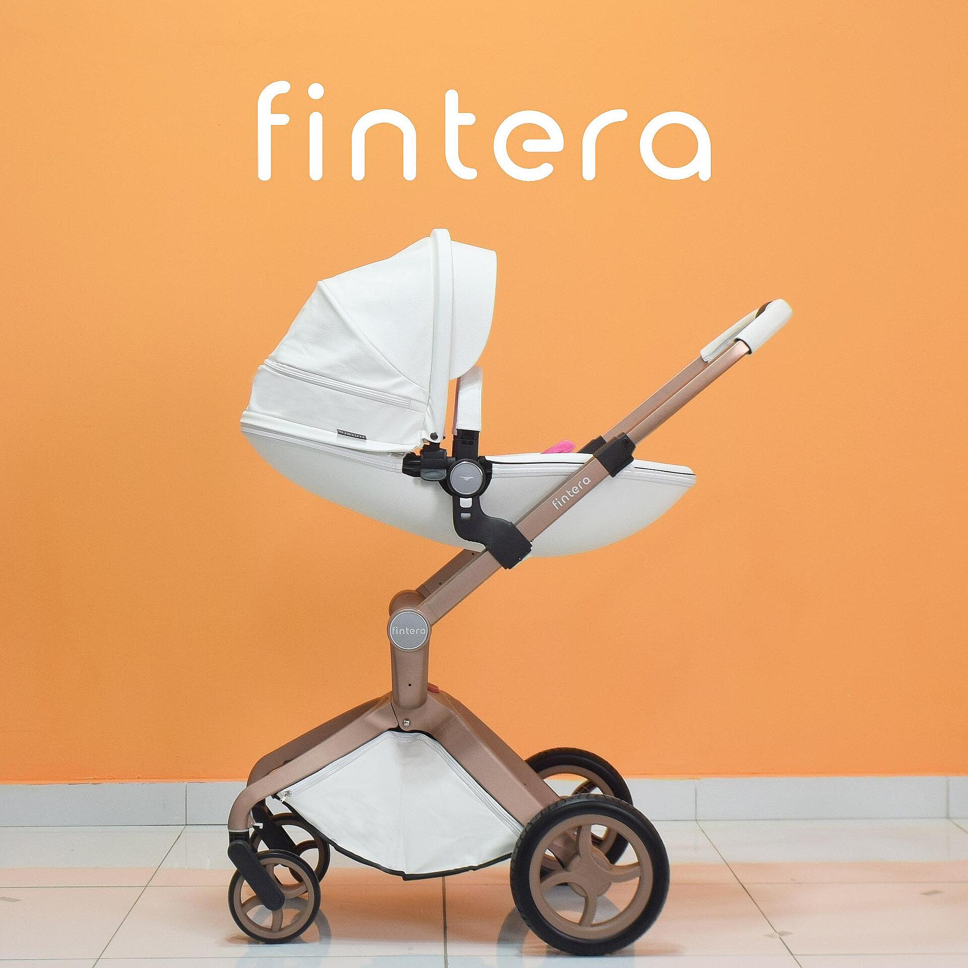 Бебешка количка Fintera Deluxe, Модел 2 в 1, Еко кожа в бял цвят + Подарък чанта, дъждобран и комарник