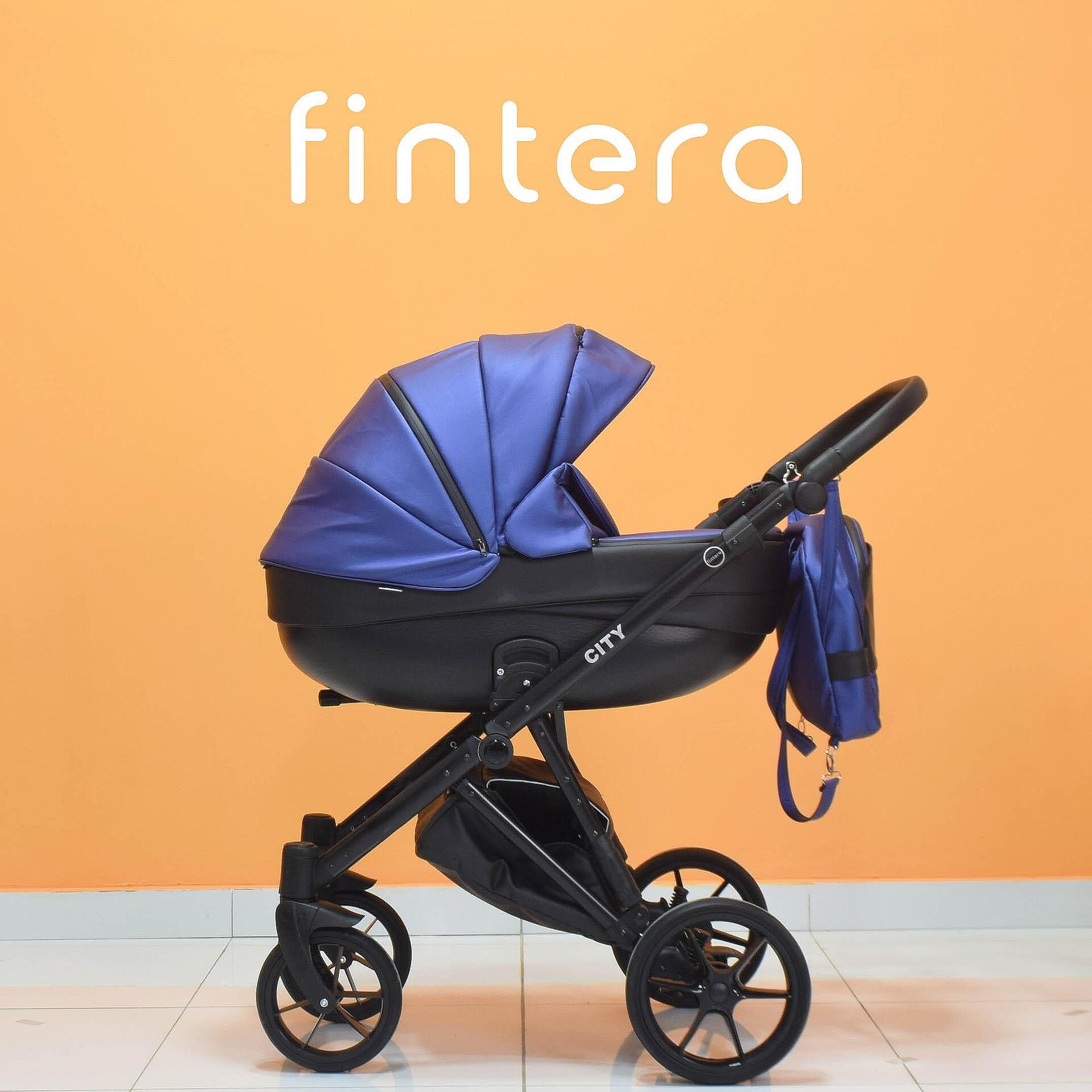 Бебешка количка Fintera City, Модел 3 в 1, Еко кожа, Тъмно син цвят + Чанта, Дъждобран, Комарник, Поставка за чаша, Зимни ръкавици, Постелка за преповиване