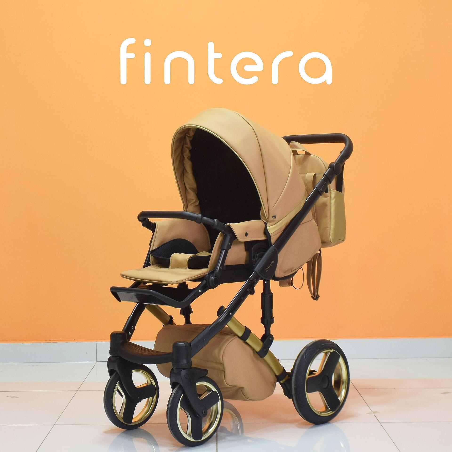 Бебешка количка Fintera Royal, Модел 3 в 1, Еко кожа, Цвят Карамел + Чанта, Дъждобран, Комарник, Поставка за чаша