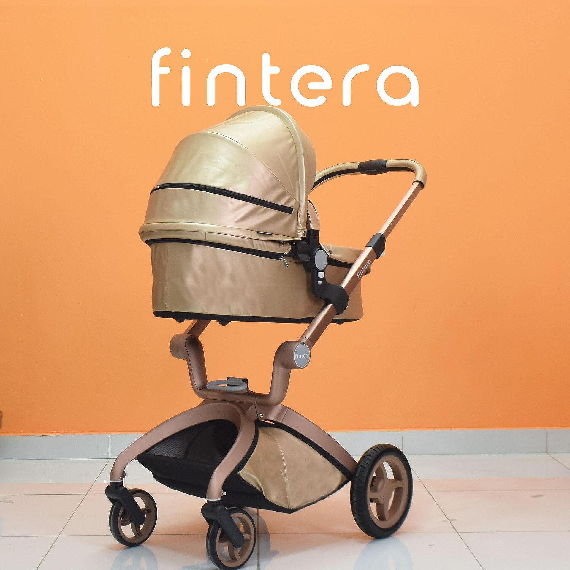 Бебешка количка Fintera Deluxe, Модел 3 в 1, Еко кожа в златен цвят + Подарък чанта, дъждобран и комарник