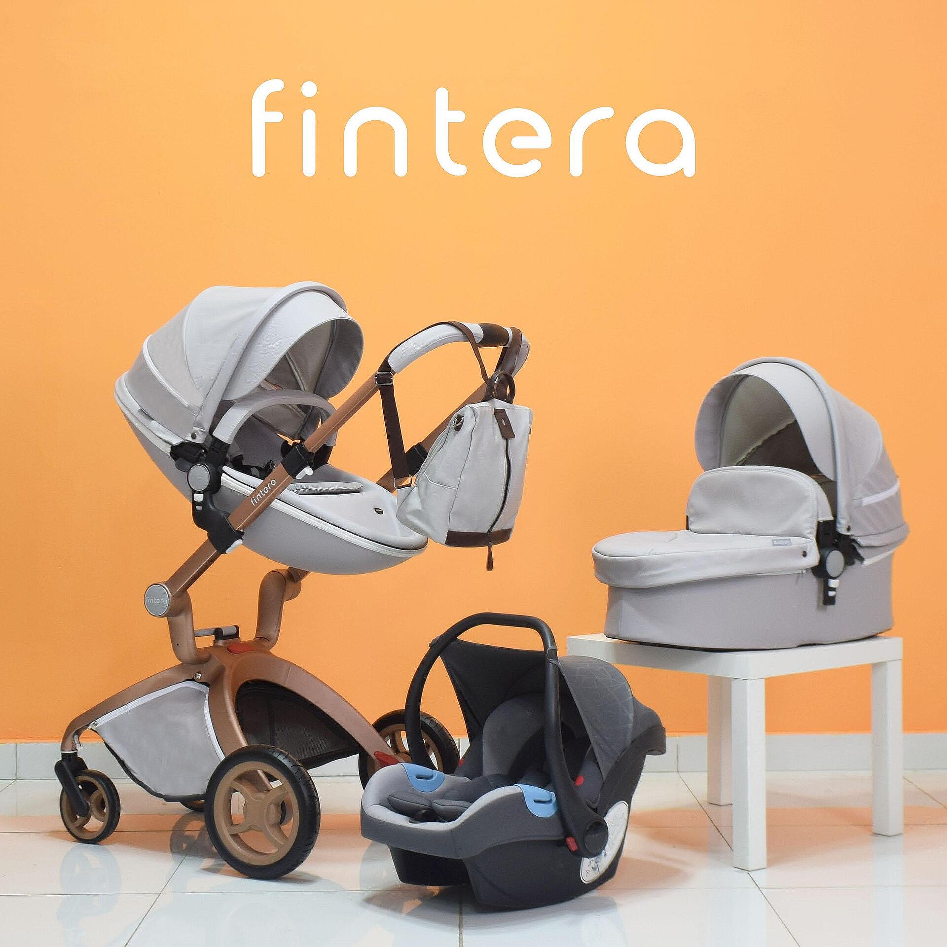 Бебешка количка Fintera Deluxe, Модел 3 в 1, Еко кожа в сив цвят + Подарък чанта, дъждобран и комарник