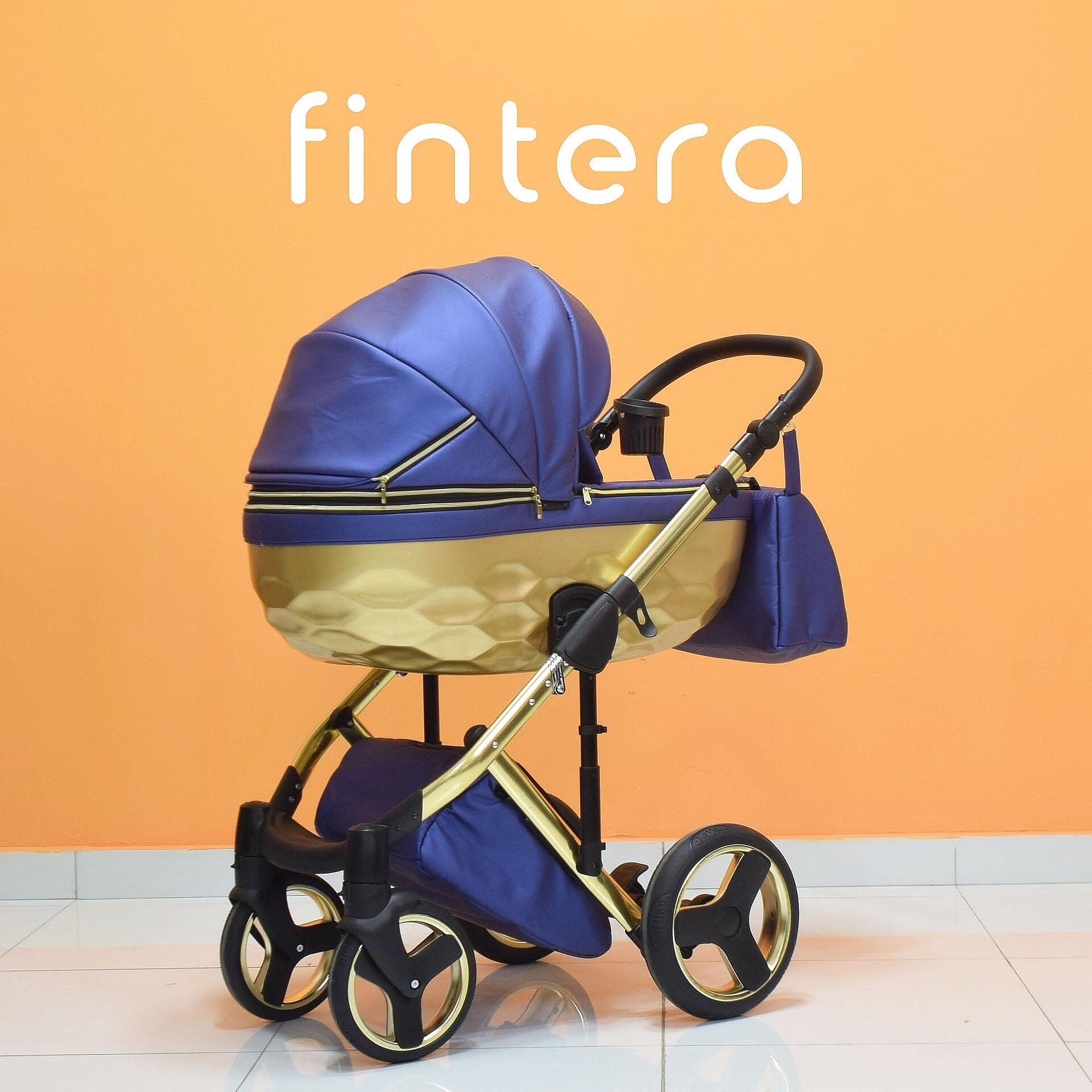Бебешка количка Fintera Grand, Модел 2 в 1, Еко кожа, Цвят Тъмно син със златно + Чанта, Дъждобран, Комарник, Зимни ръкавици, Поставка за чаша, Постелка за преповиване