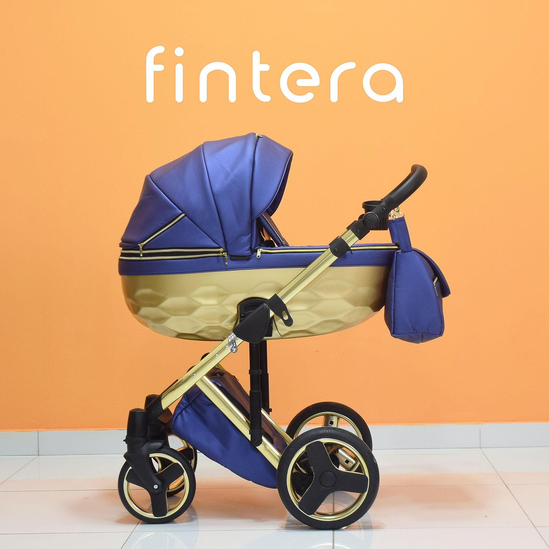 Бебешка количка Fintera Grand, Модел 3 в 1, Еко кожа, Цвят Тъмно син със златно + Чанта, Дъждобран, Комарник, Зимни ръкавици, Поставка за чаша, Постелка за преповиване