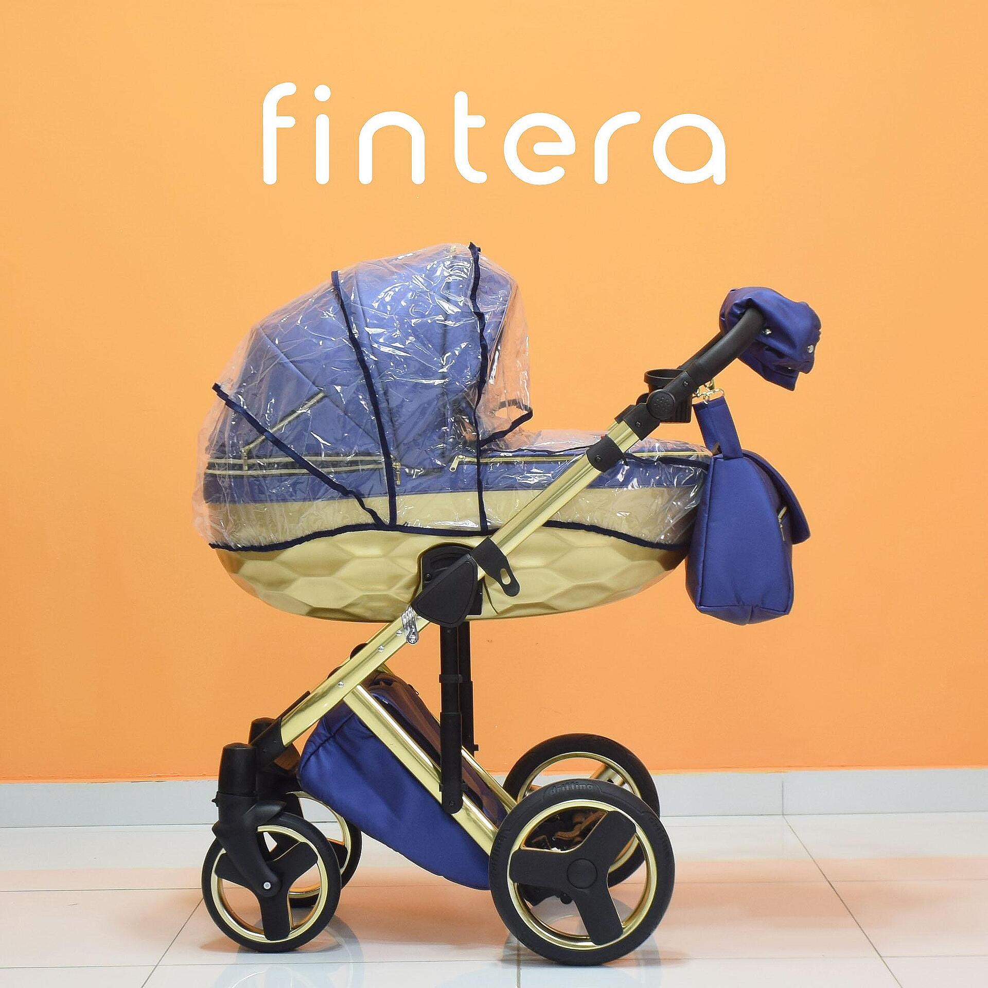 Бебешка количка Fintera Grand, Модел 3 в 1, Еко кожа, Цвят Тъмно син със златно + Чанта, Дъждобран, Комарник, Зимни ръкавици, Поставка за чаша, Постелка за преповиване