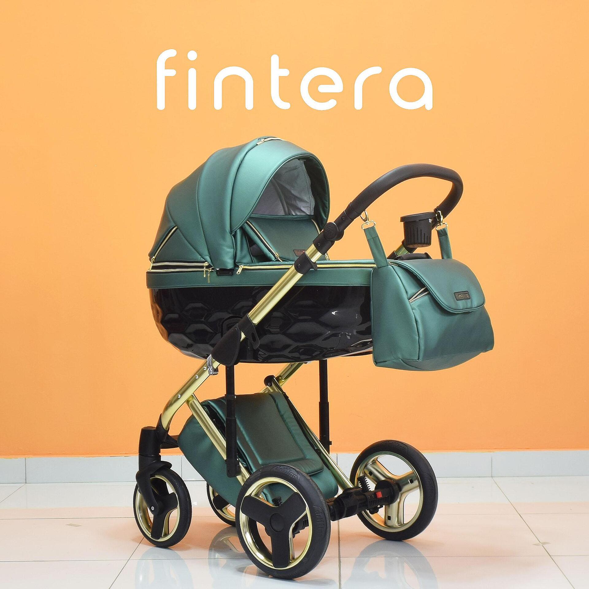 Бебешка количка Fintera Grand, Модел 3 в 1, Еко кожа, Зелен цвят + Чанта, Дъждобран, Комарник, Зимни ръкавици, Поставка за чаша, Постелка за преповиване