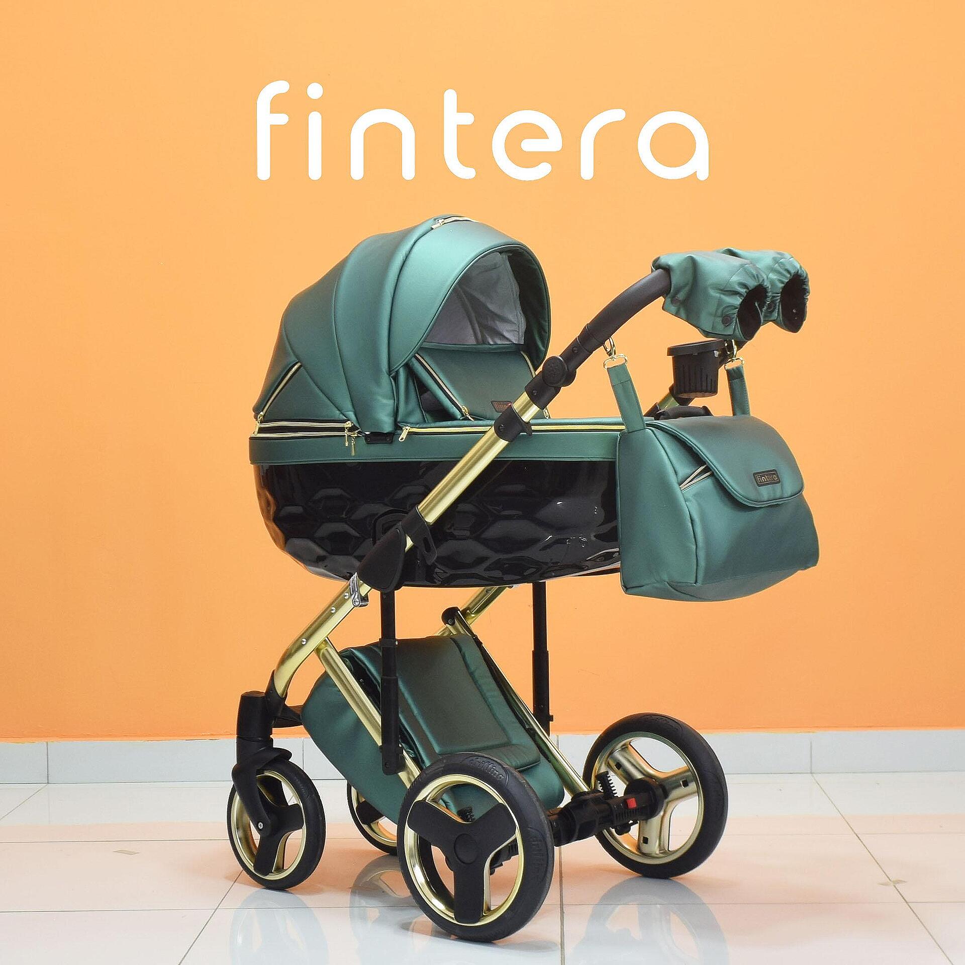 Бебешка количка Fintera Grand, Модел 3 в 1, Еко кожа, Зелен цвят + Чанта, Дъждобран, Комарник, Зимни ръкавици, Поставка за чаша, Постелка за преповиване