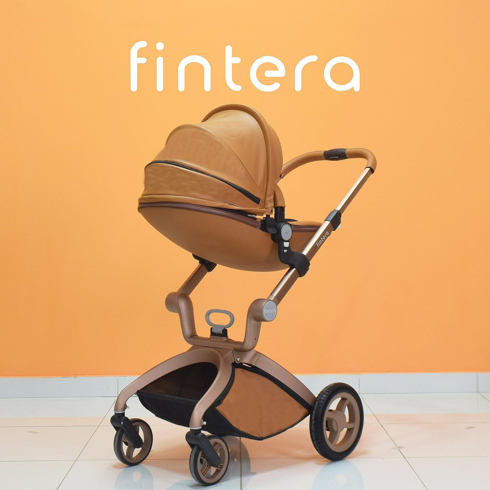 Бебешка количка Fintera Deluxe, модел 2 в 1, Еко кожа в кафяв цвят + Подарък чанта, дъждобран и комарник