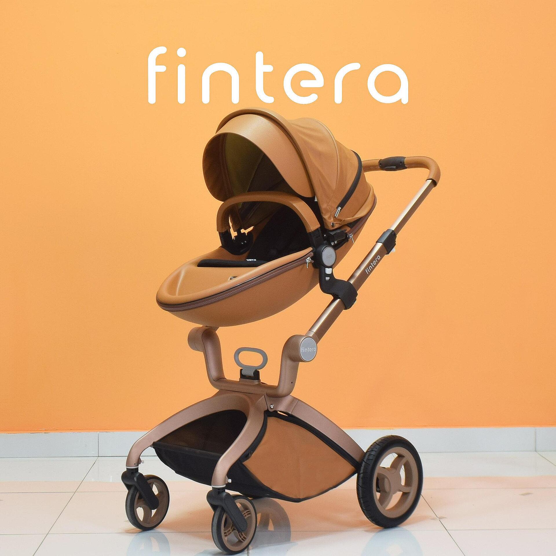 Бебешка количка Fintera Deluxe, модел 2 в 1, Еко кожа в кафяв цвят + Подарък чанта, дъждобран и комарник