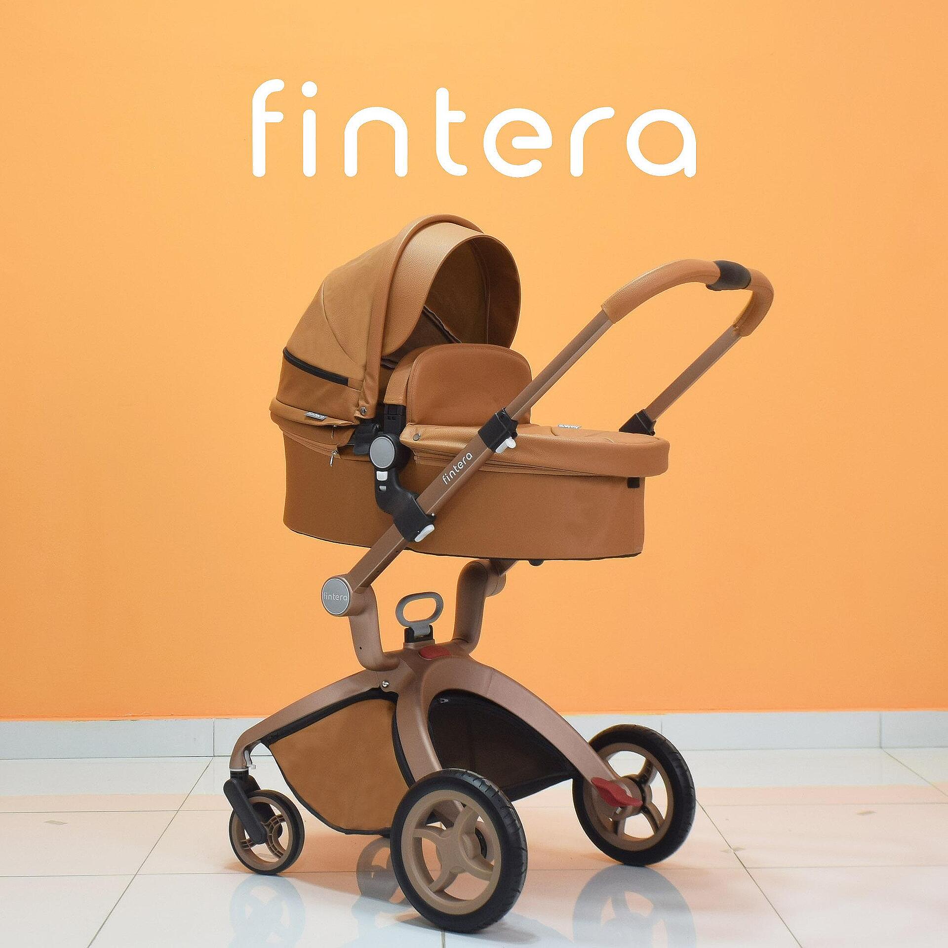 Бебешка количка Fintera Deluxe, модел 2 в 1, Еко кожа в кафяв цвят + Подарък чанта, дъждобран и комарник