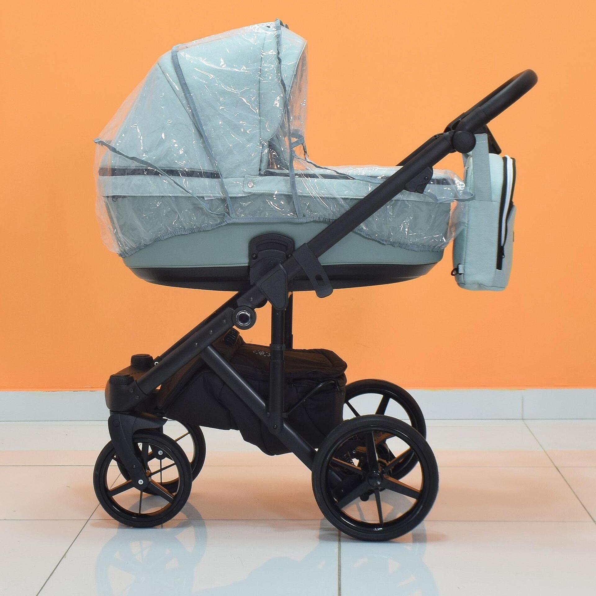 Бебешка количка Elegance, Модел 2 в 1, Плат и кожа, Цвят мента + Чанта, Дъждобран, Комарник, Поставка за чаша-Copy