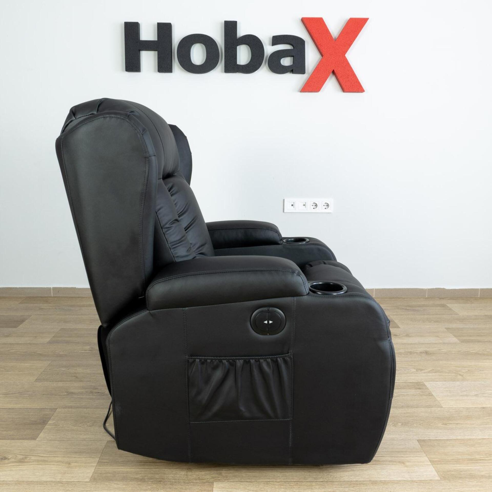 Релакс фотьойл, Реклайнер Hobax R1-7027 , Масаж с вибрации, Функция за подгряване, Електрически механизъм на разпъване, Еко кожа, Две поставки за чаша, черен цвят