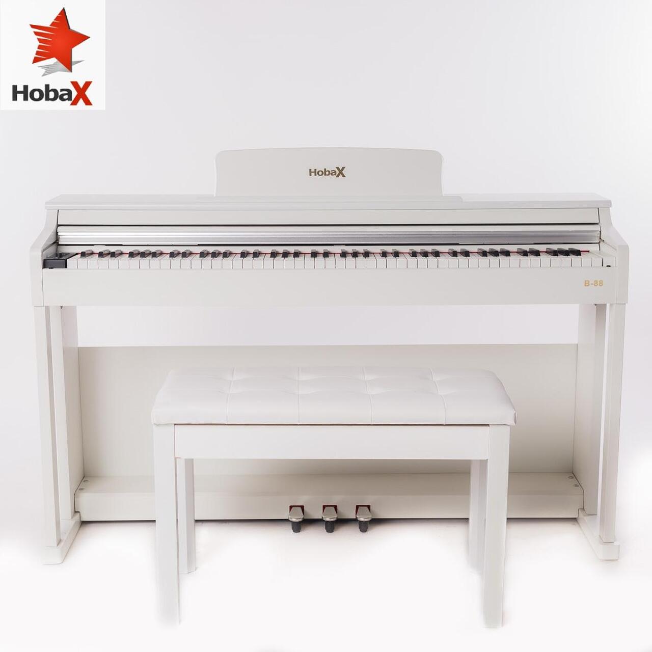Комплект Дигитално пиано Hobax B-88, БЯЛ цвят, 88 клавиша HAMMER ACTION тежка клавиатура, 7 октави, 8 звуци, 128 ритми, с тройна педалиера. +3 ПОДАРЪКА – слушалки, стикери за клавиши и пейка