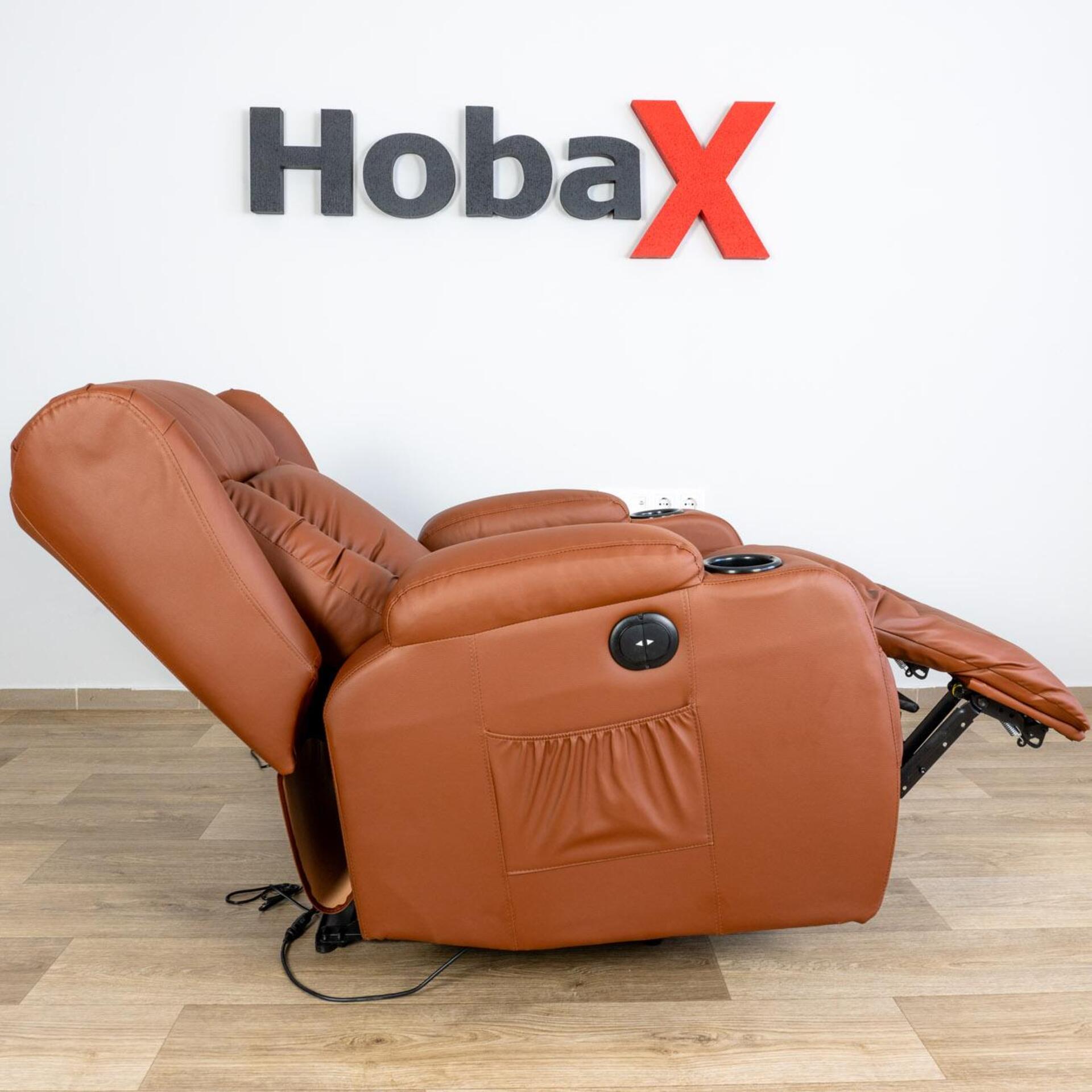 Релакс фотьойл, Реклайнер Hobax R1-7027 , Масаж с вибрации, Функция за подгряване, Електрически механизъм на разпъване, Еко кожа, Две поставки за чаша, кафяв цвят