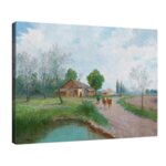Адолф Кауфман - Пролетен ден в страната, пейзаж със селска къща край езерото, образно декориран №11254-Copy