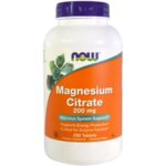 NOW Magnesium Citrate 200 mg - 250 Таблетки - Магнезиев цитрат - играе ключова роля за енергийния метаболизъм и протеиновия синтез