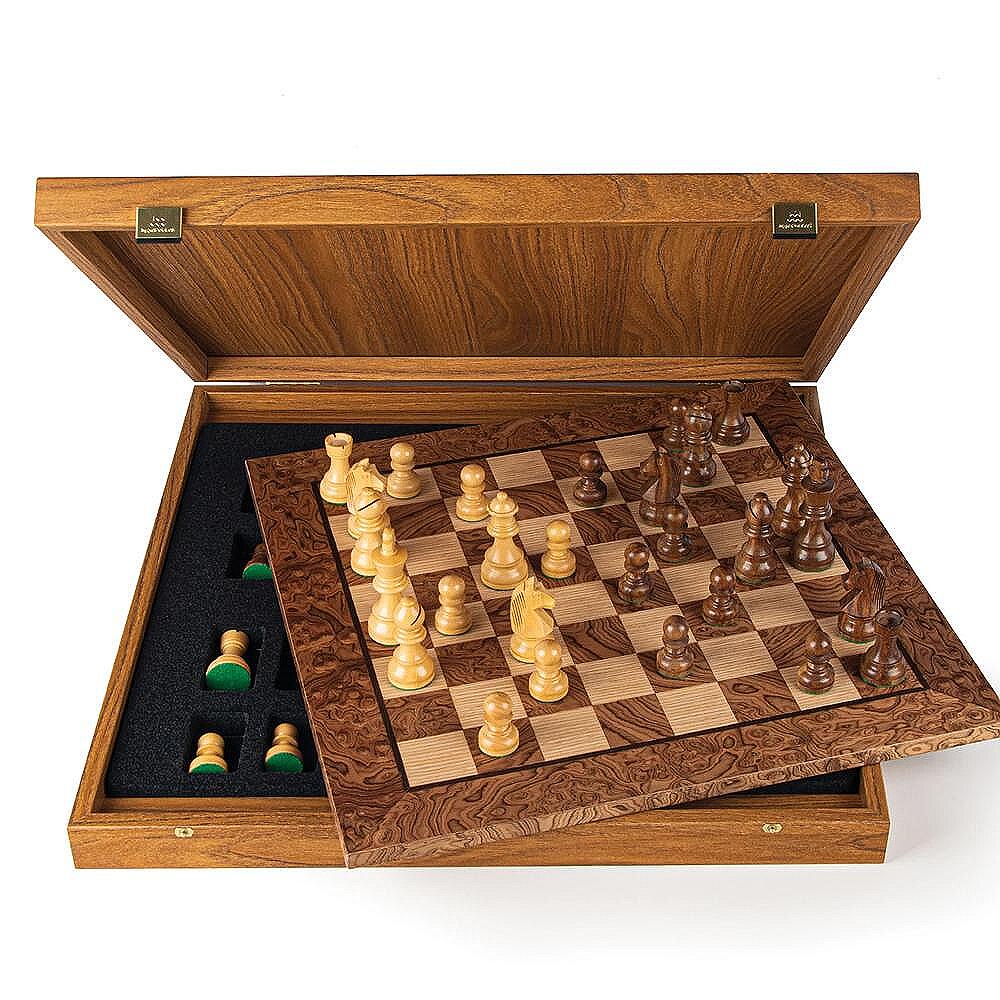Луксозен ръчно изработен шах Manopoulos Walnut Burl, 40x40 см, с фигури Staunton